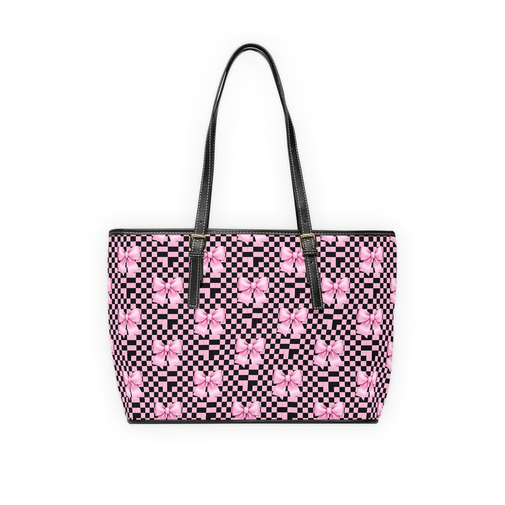 Pink Bow Checker Tote Bag — PU Leather Shoulder Tote
