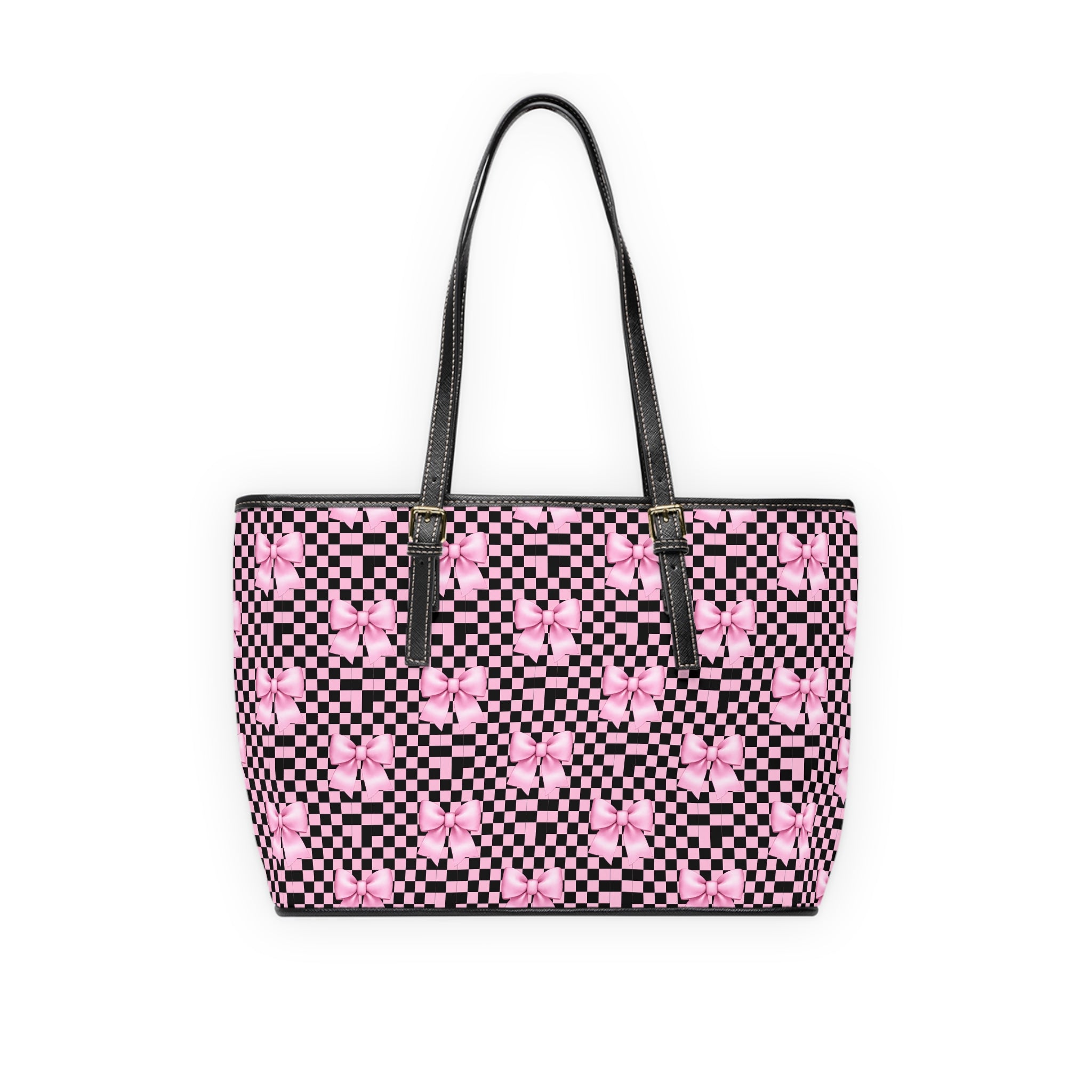 Pink Bow Checker Tote Bag — PU Leather Shoulder Tote