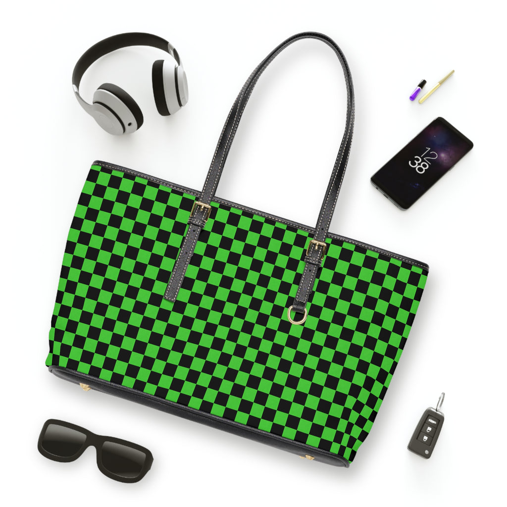 Green Checkerboard PU Leather Shoulder Bag — Retro Skate Tote