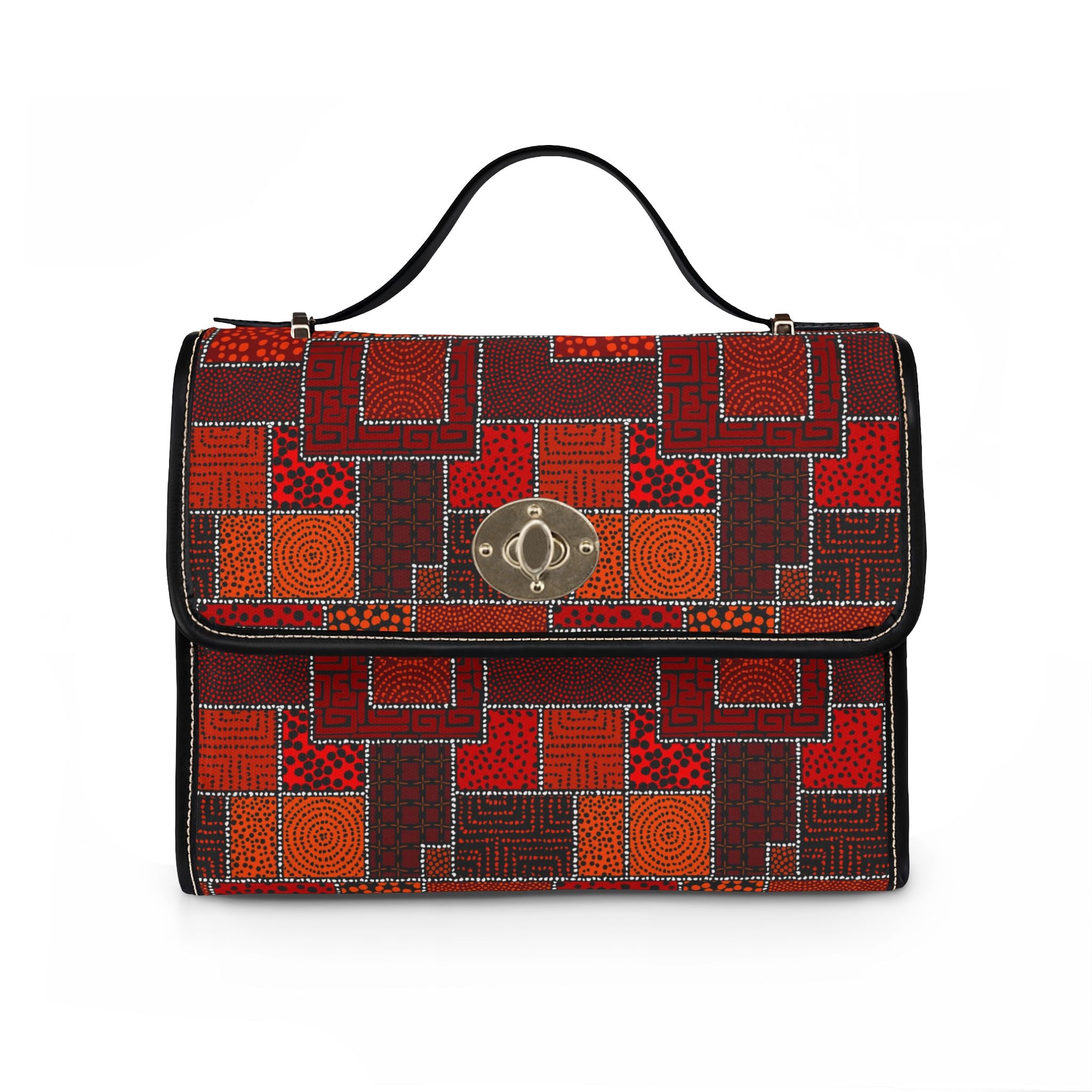 Geometric Patchwork Pattern Waterproof Canvas Bag | Red Orange Squares