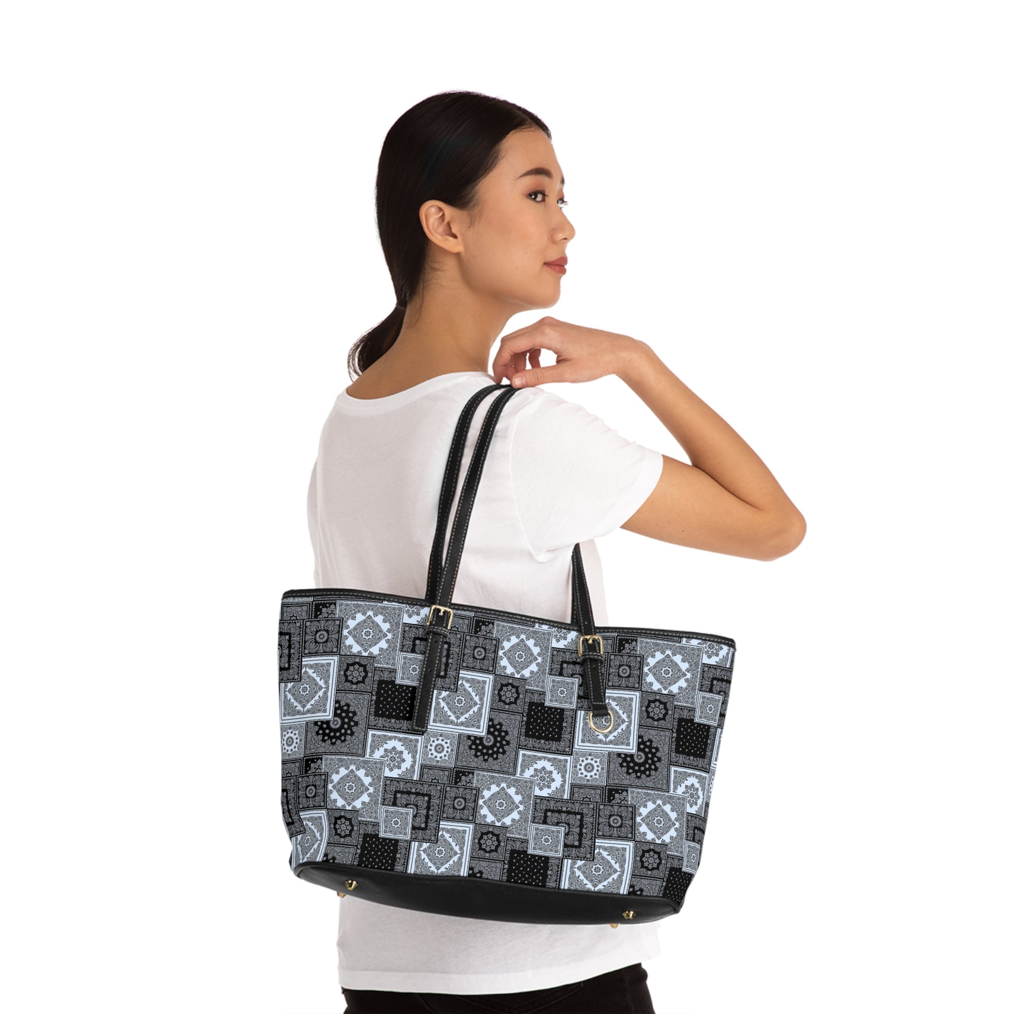 Patchwork Geometric Tote Bag — PU Leather Shoulder Bag