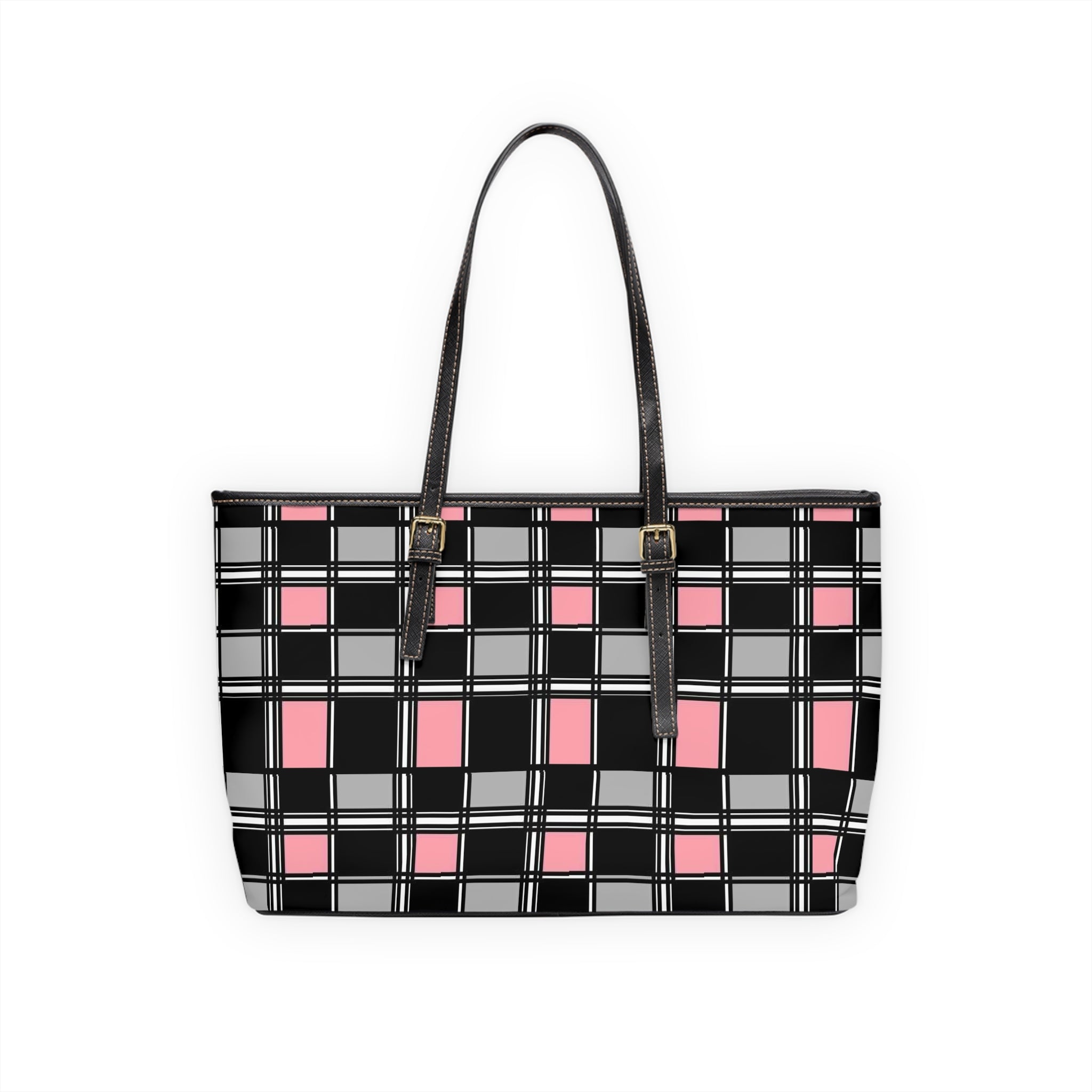 Pink & Black Plaid PU Leather Shoulder Bag