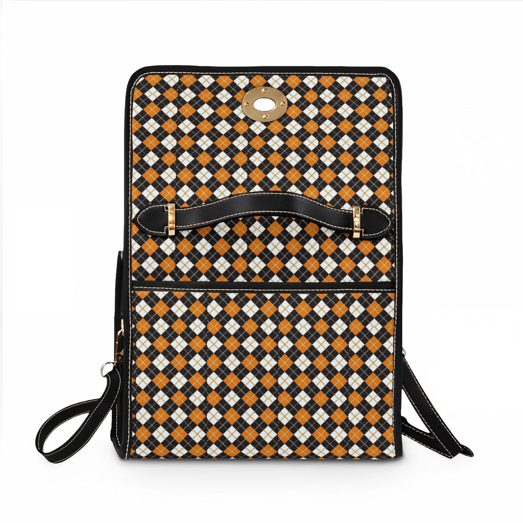 Orange Black Argyle Pattern Waterproof Canvas Bag | Plaid Satchel, Studded Trim