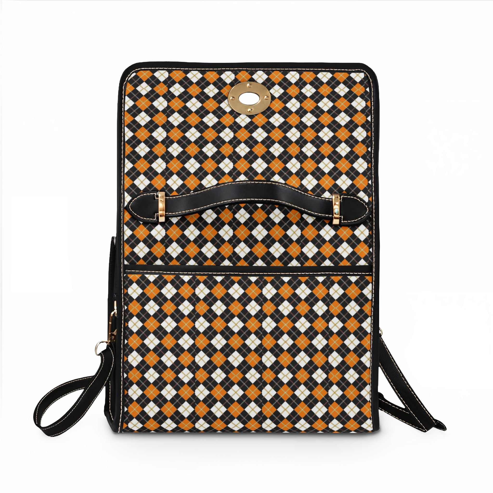 Orange Black Argyle Pattern Waterproof Canvas Bag | Plaid Satchel, Studded Trim