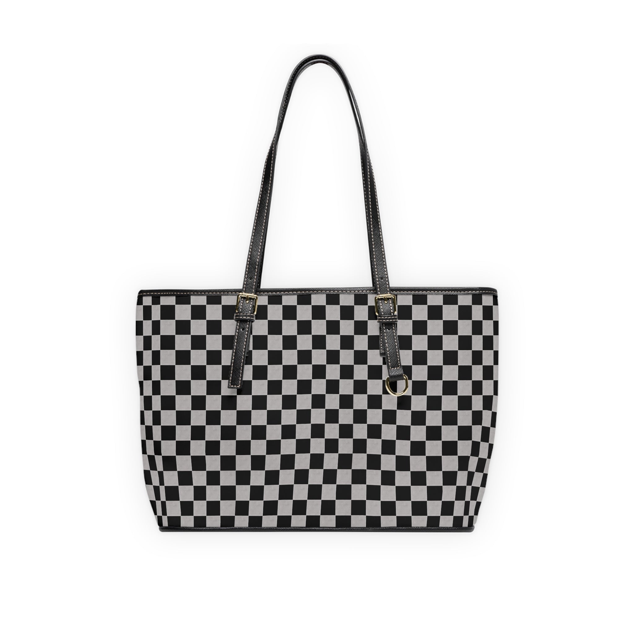 Checkered PU Leather Shoulder Bag — Black & White Tote with Classic Checkerboard Pattern