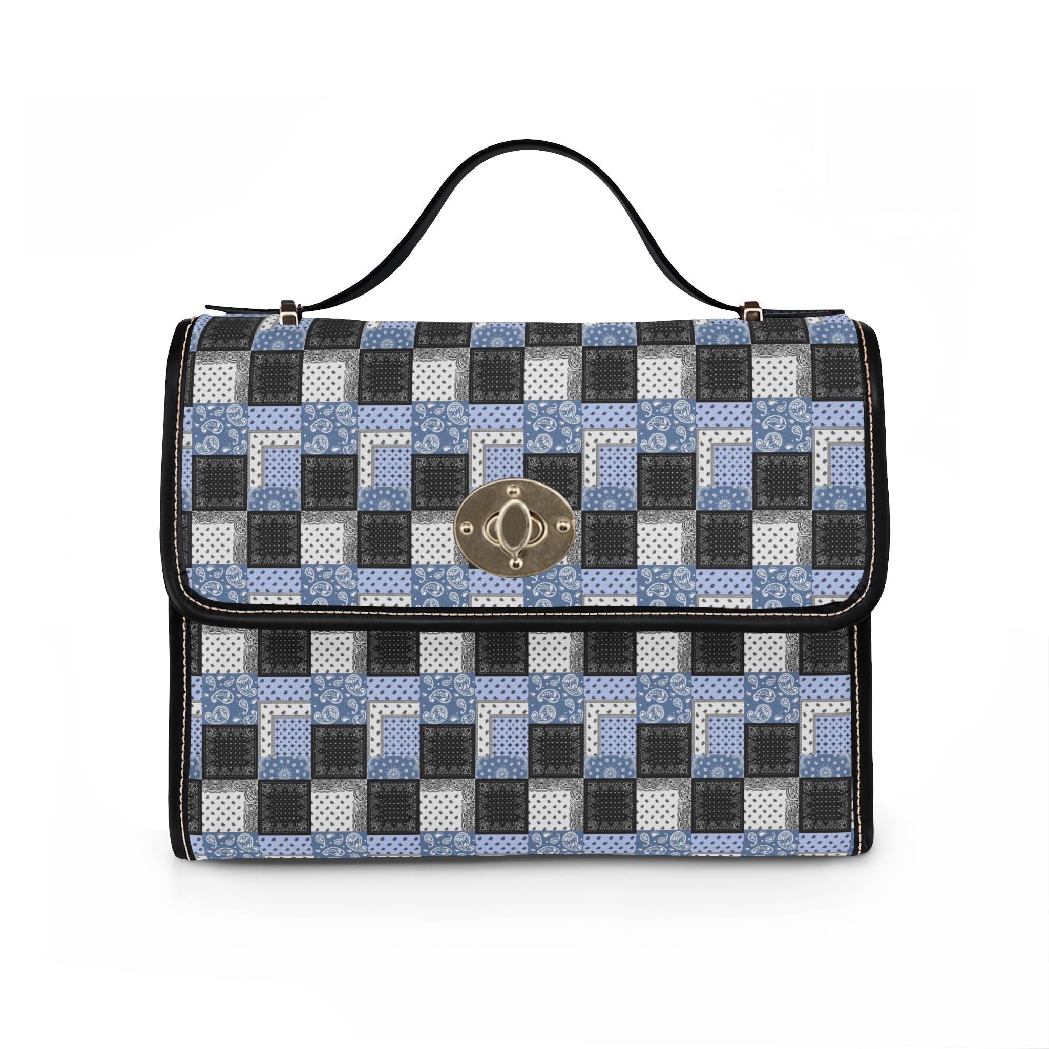 Blue Gray Geometric Checkered Waterproof Canvas Bag | Crossbody Tote
