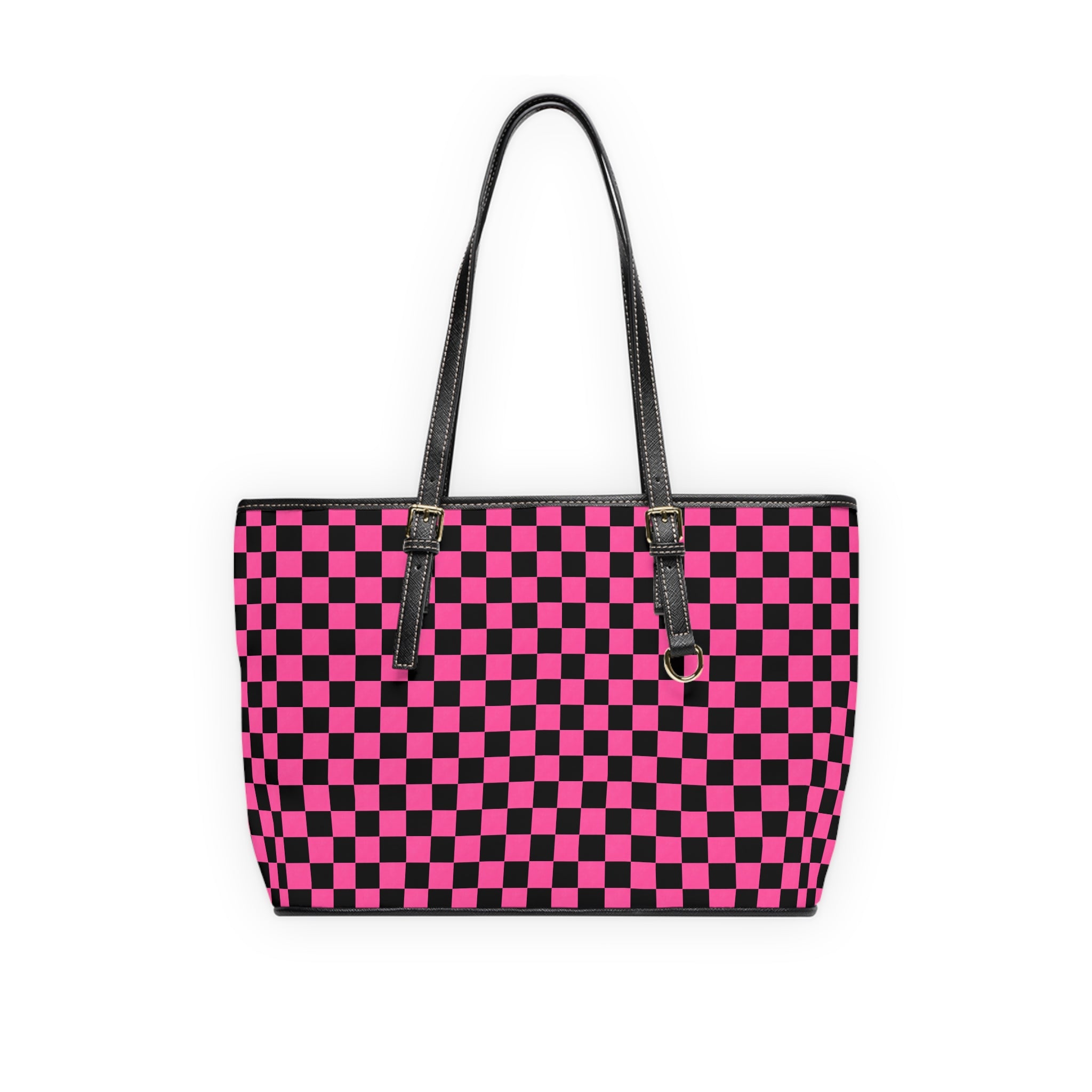 Pink & Black Checkerboard PU Shoulder Bag — Trendy Tote for Everyday Use