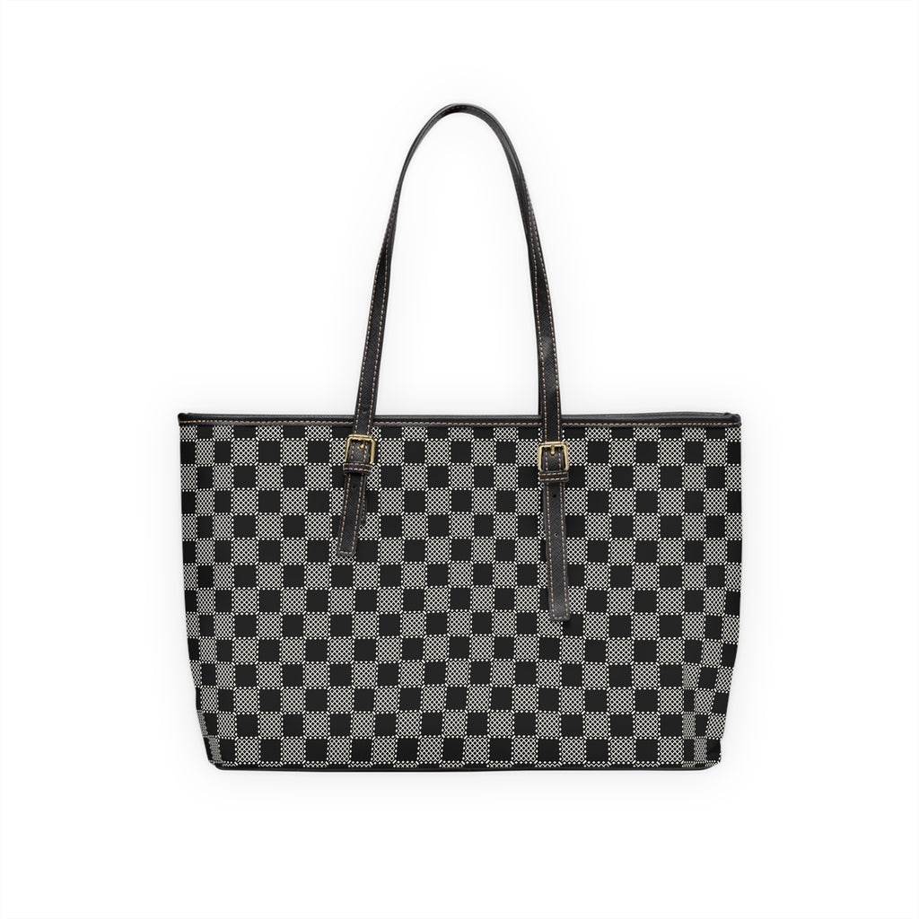 Checkerboard PU Shoulder Bag – Black Gray Tote for Everyday & Work