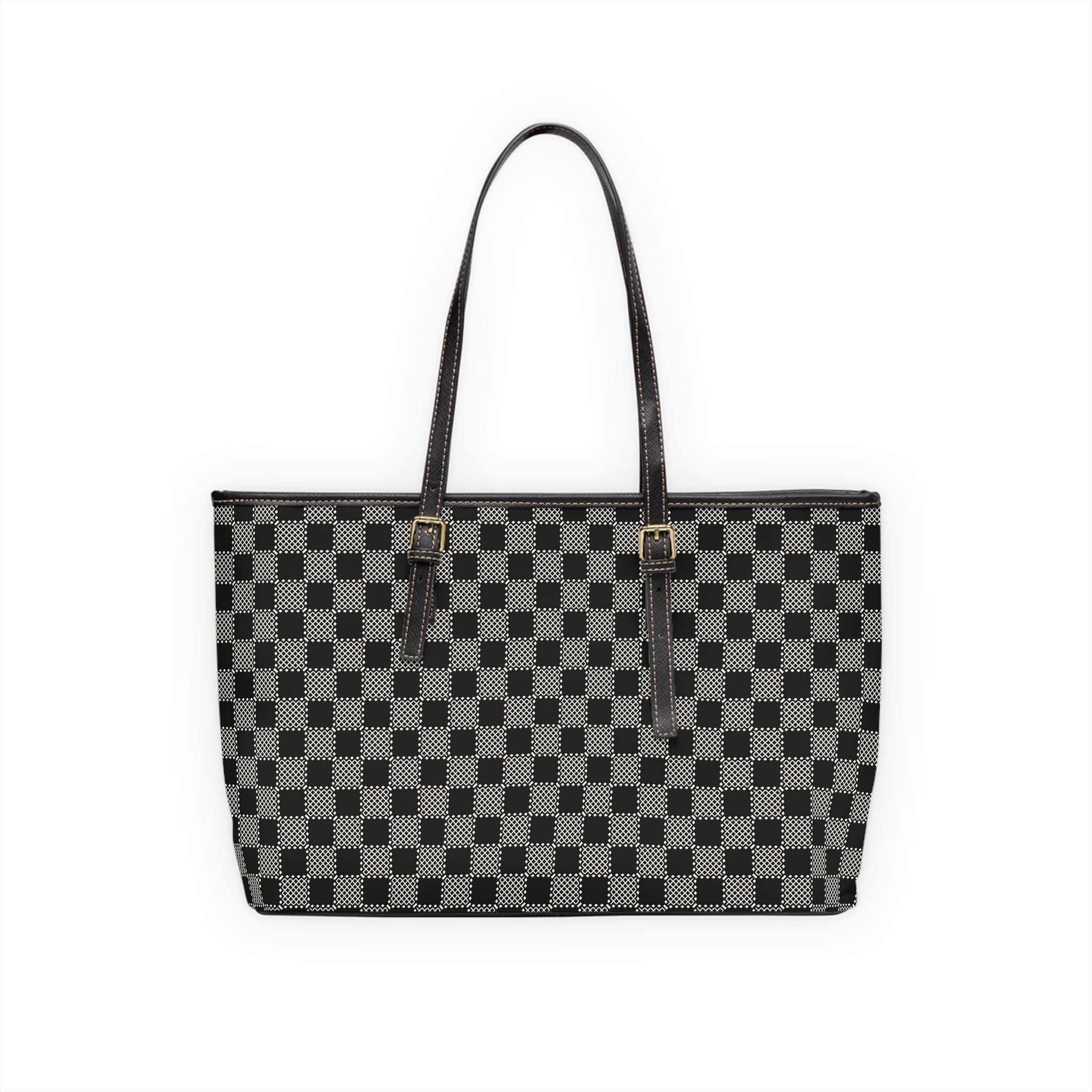 Checkerboard PU Shoulder Bag – Black Gray Tote for Everyday & Work