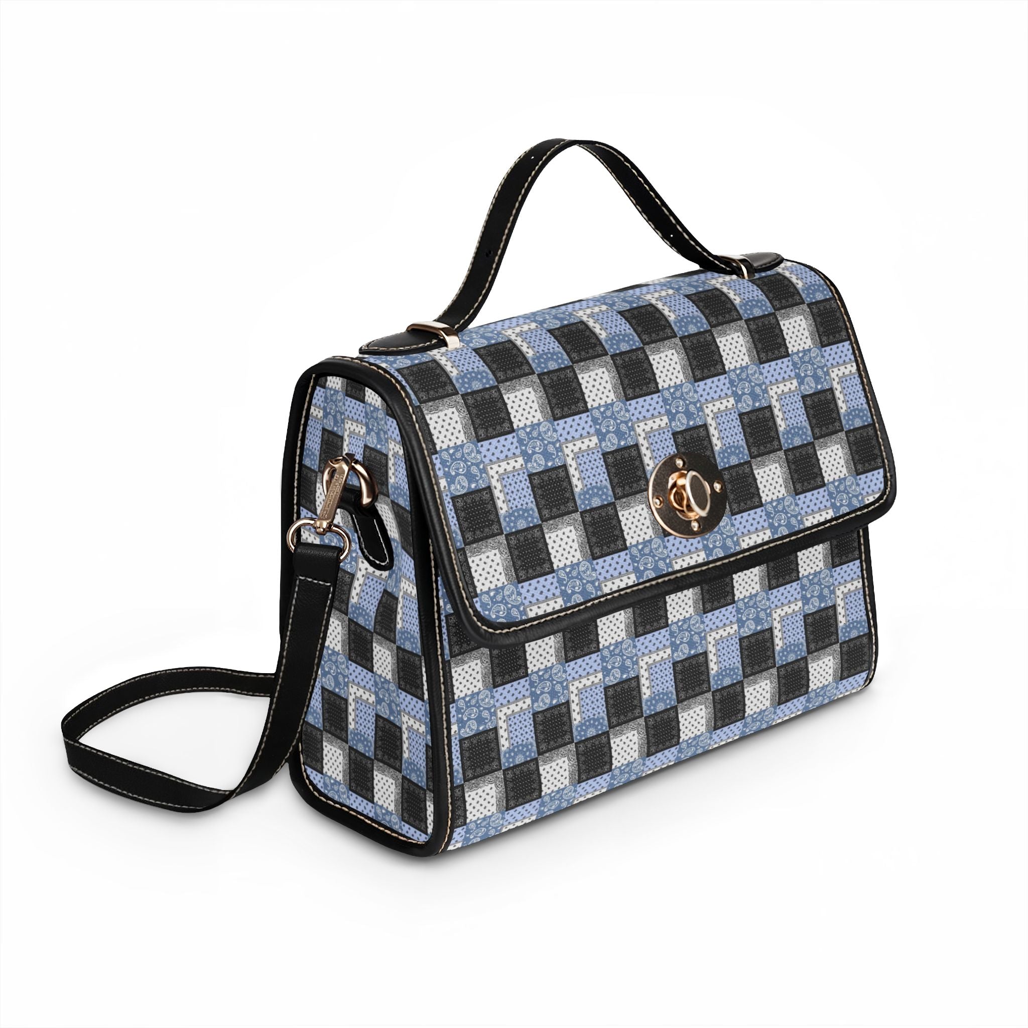 Blue Gray Geometric Checkered Waterproof Canvas Bag | Crossbody Tote