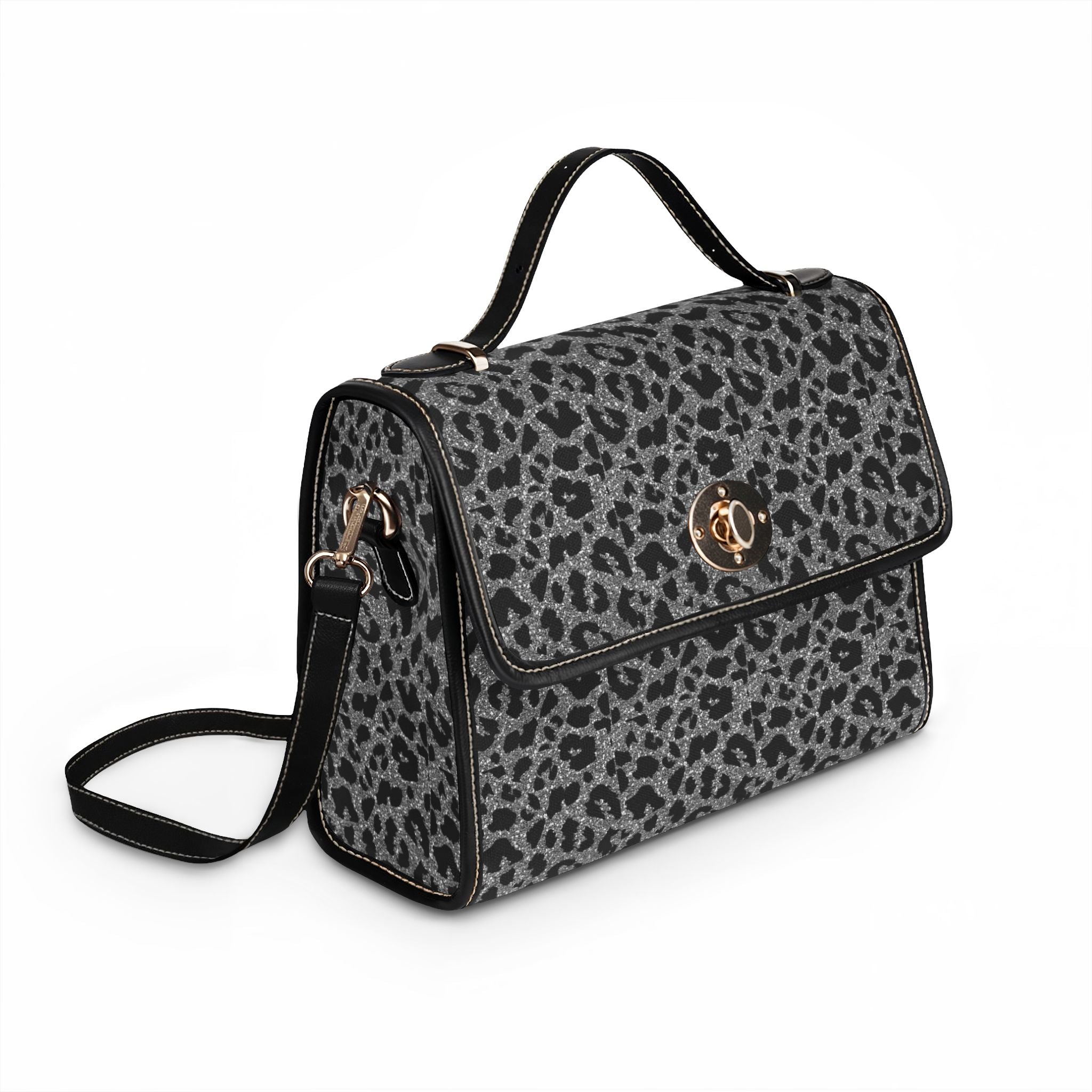 Gray Leopard Print Waterproof Canvas Bag | Top Handle Crossbody Satchel