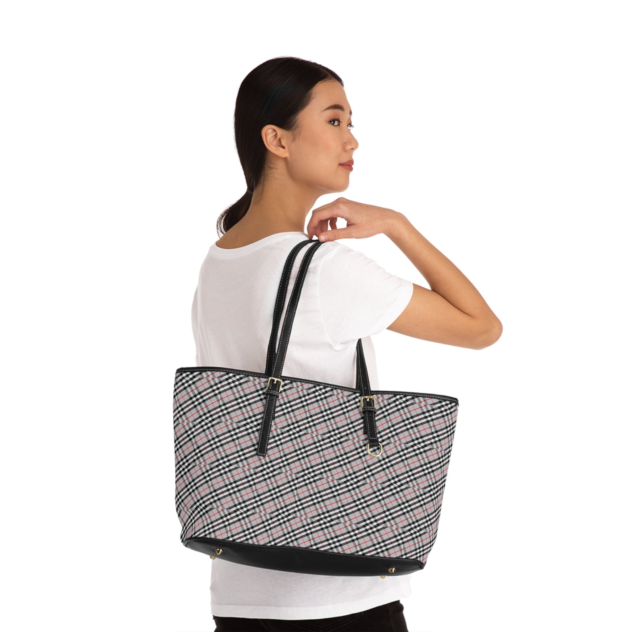 Pink Black Plaid Shoulder Bag | PU Leather Tote