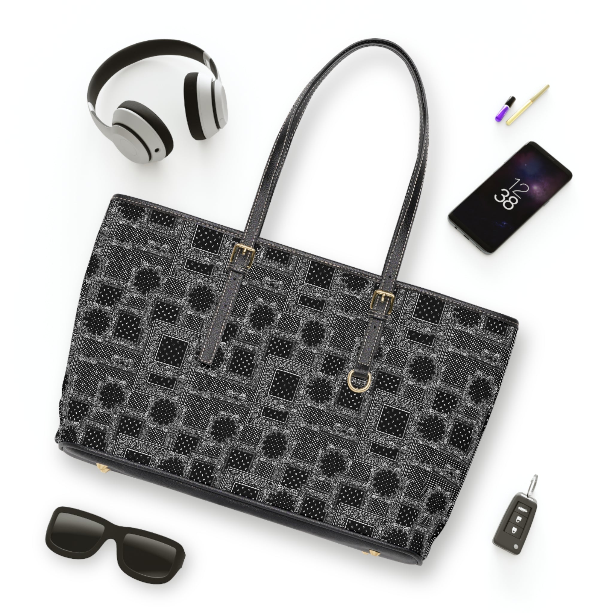 Black Patchwork PU Leather Shoulder Bag – Geometric Tote for Everyday Use
