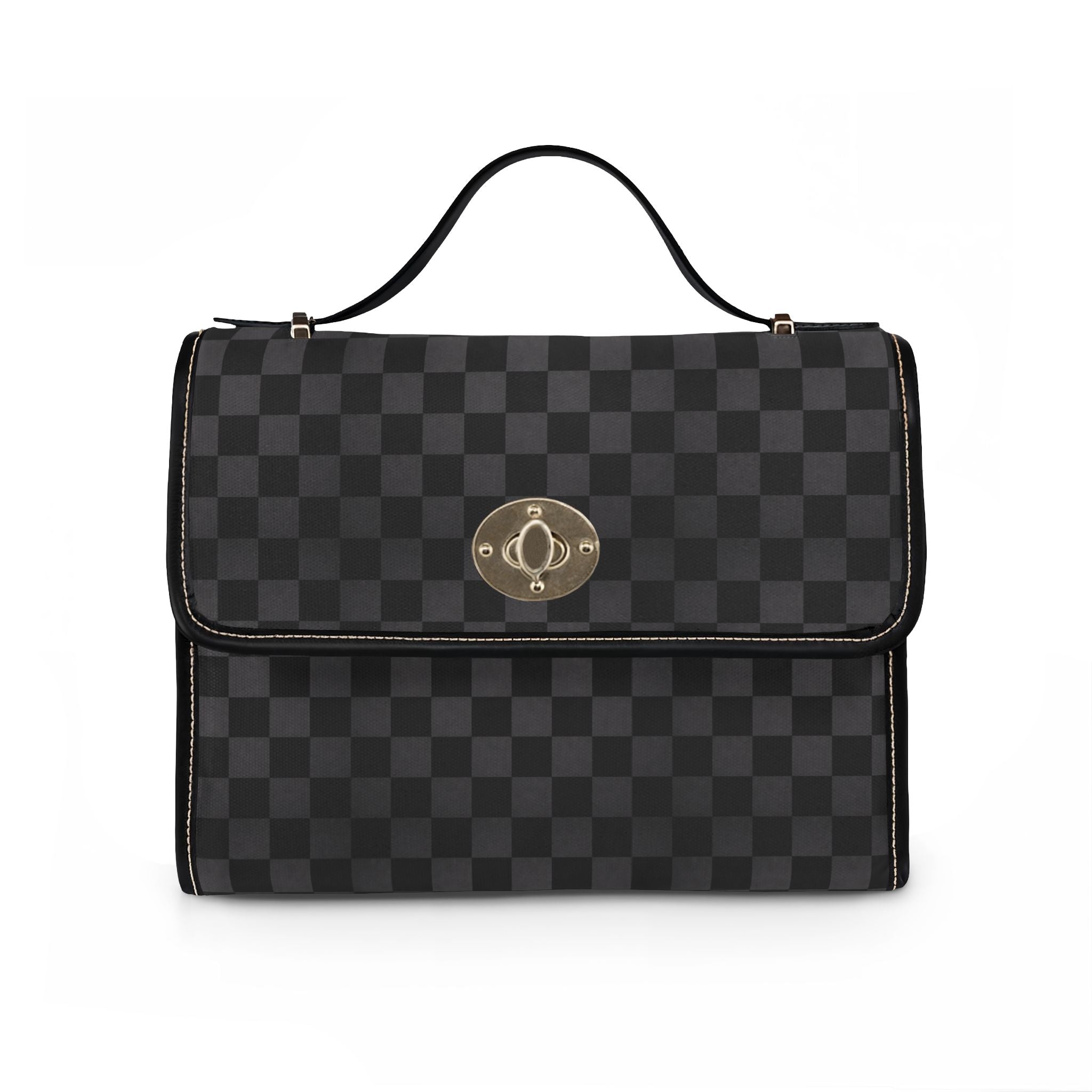 Black Checkerboard Waterproof Canvas Bag | Top Handle Crossbody Satchel