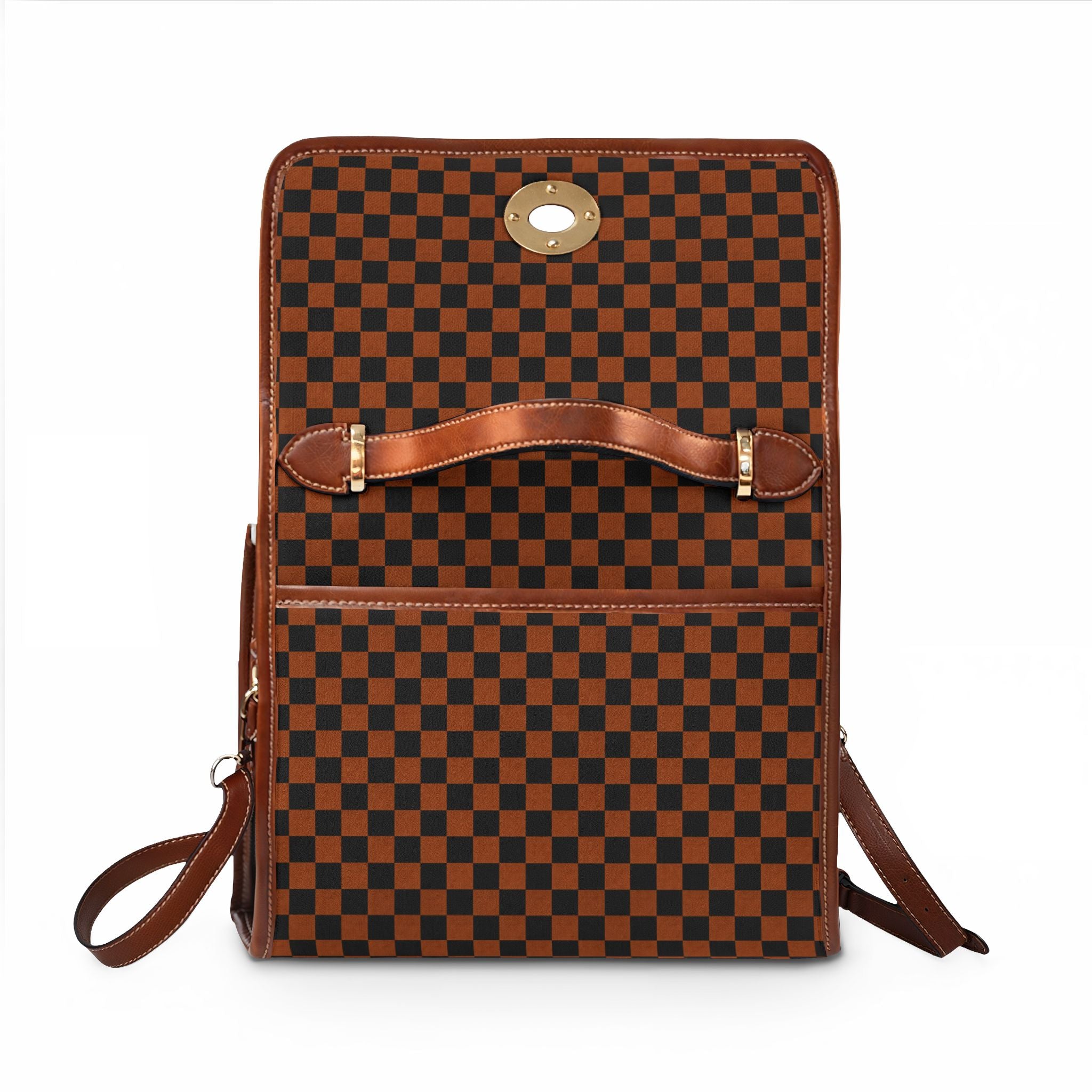 Brown Checkerboard Waterproof Canvas Bag | Top Handle Shoulder Bag