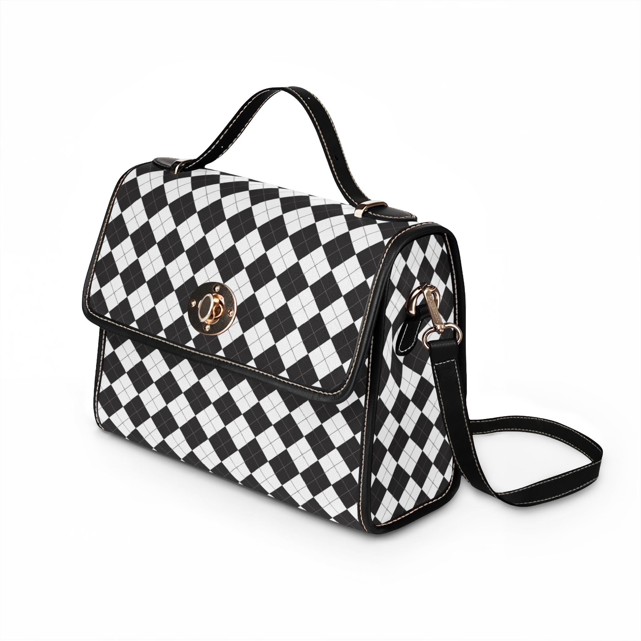 Black White Argyle Pattern Waterproof Canvas Bag | Checkered Satchel, Crossbody