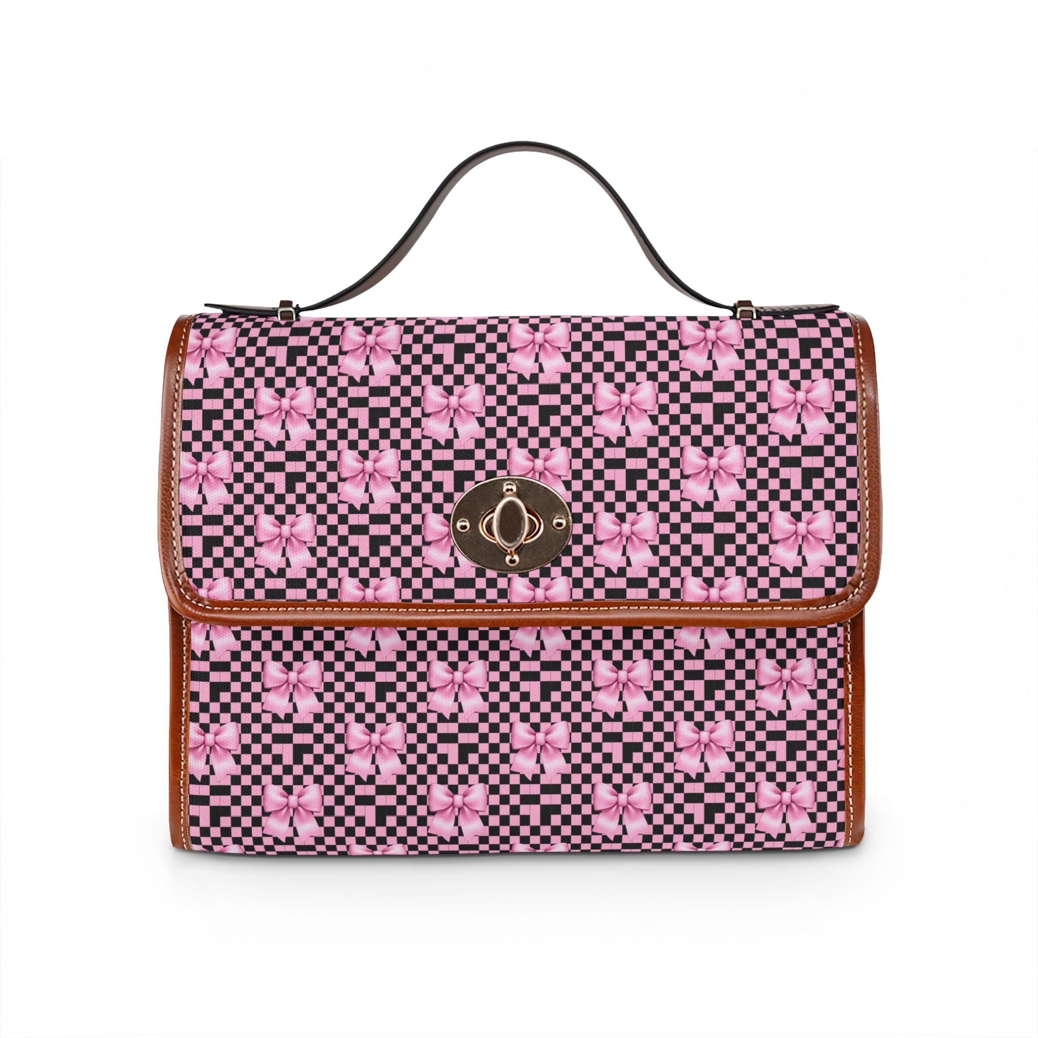 Pink Bow with Brown and Pink Checkered Pattern Waterproof Canvas Bag