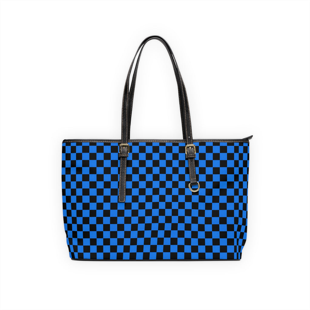 Blue/Black Checkerboard PU Leather Shoulder Bag — Stylish Tote for Everyday Use