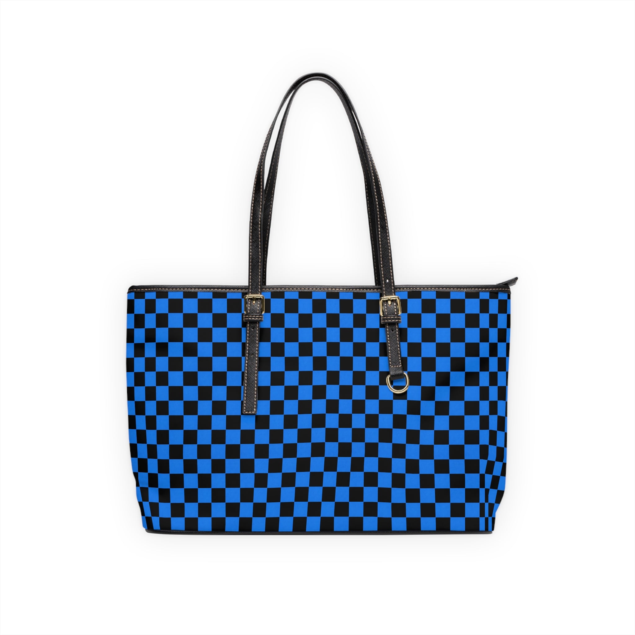 Blue/Black Checkerboard PU Leather Shoulder Bag — Stylish Tote for Everyday Use
