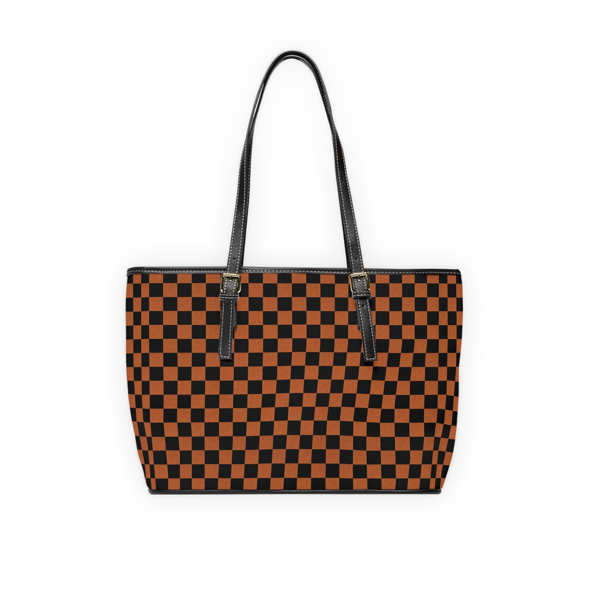 Checkerboard PU Leather Shoulder Bag — Black & Brown Tote