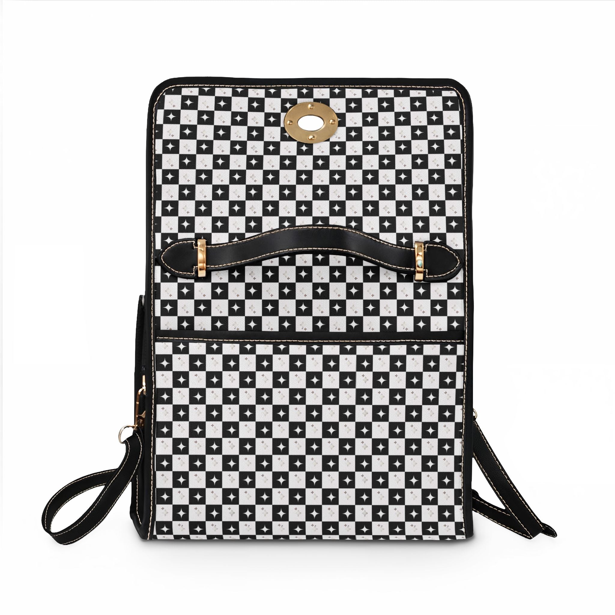 Black and White Checkerboard Pattern Stars Waterproof Canvas Bag