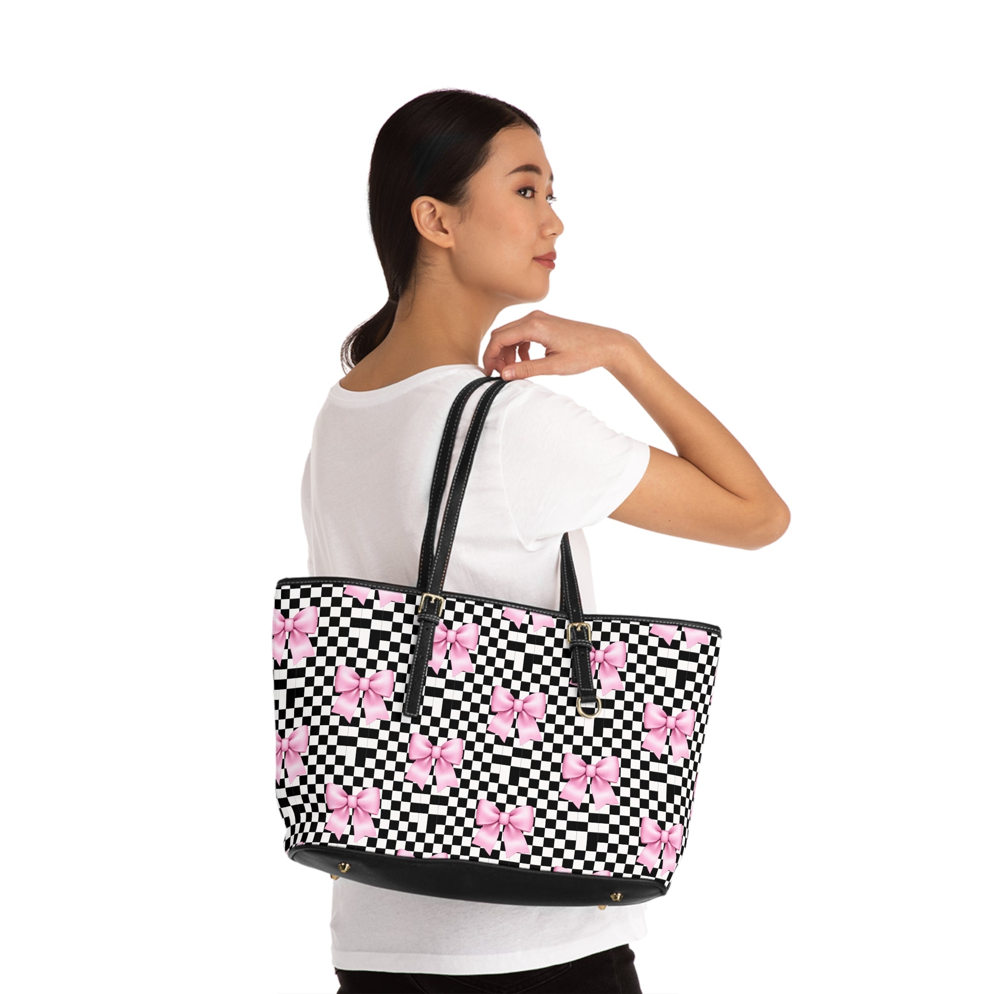 Checkered Pink Bow PU Shoulder Bag — Feminine Checkerboard Tote for Everyday & Gifts
