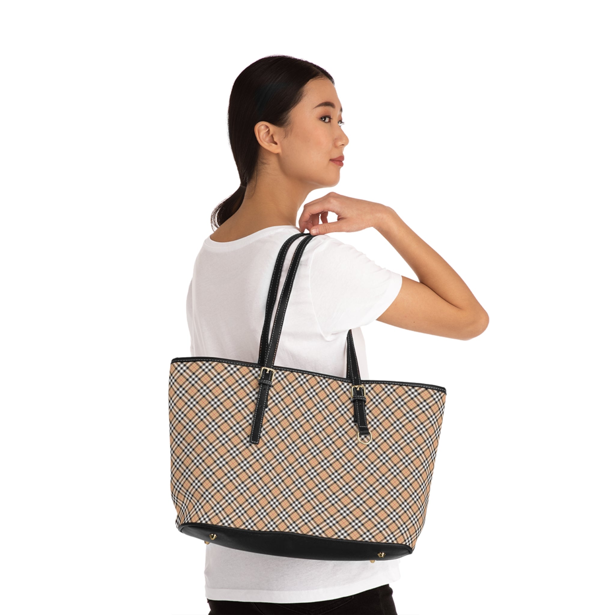 Tan Plaid Tote PU Leather Shoulder Bag | Checkered Pattern Handbag