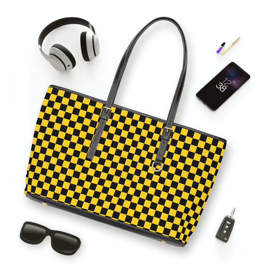 Yellow Black Checkered PU Shoulder Bag — Retro Checkerboard Tote