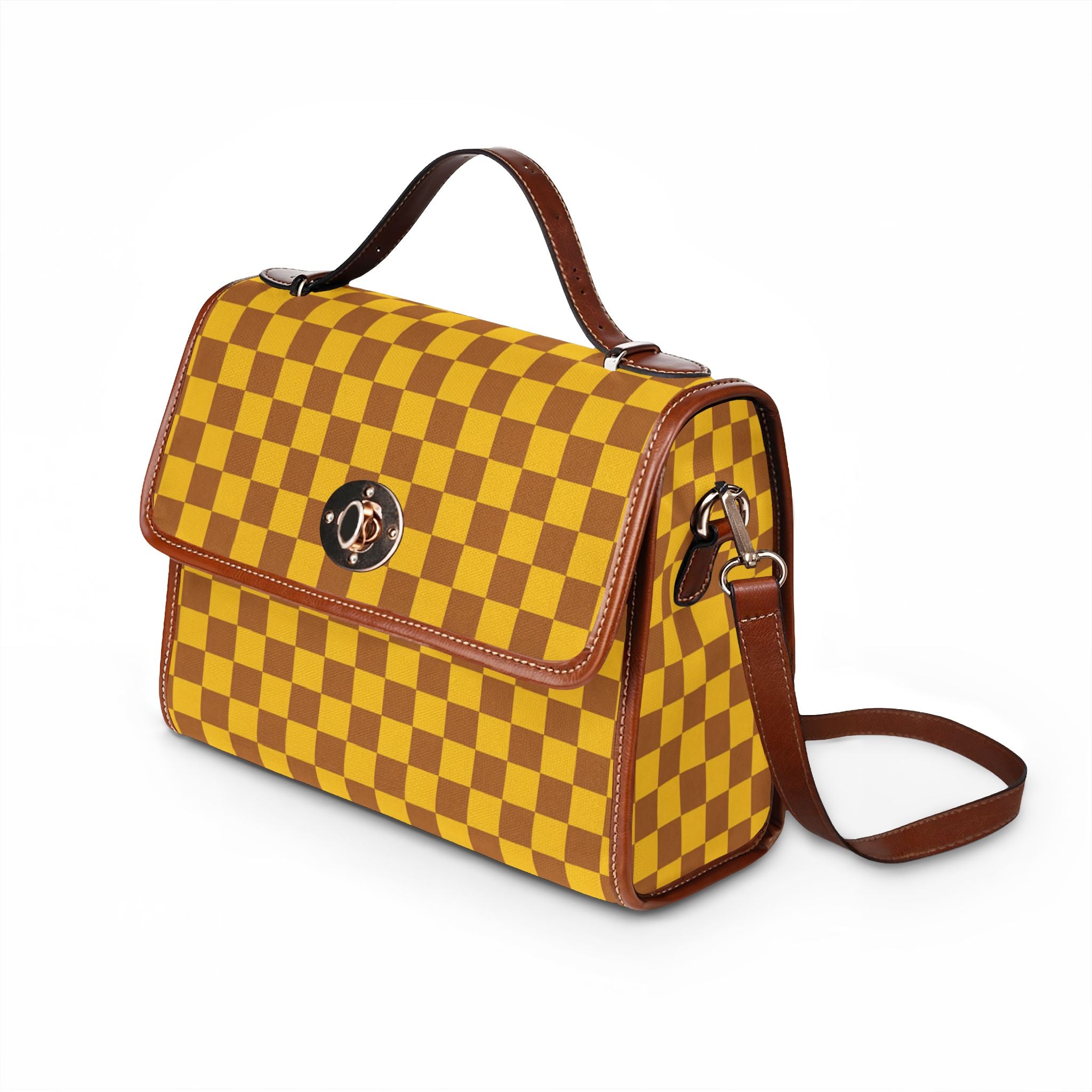 Yellow Brown Checkered Waterproof Canvas Bag | Checkerboard Satchel Tote