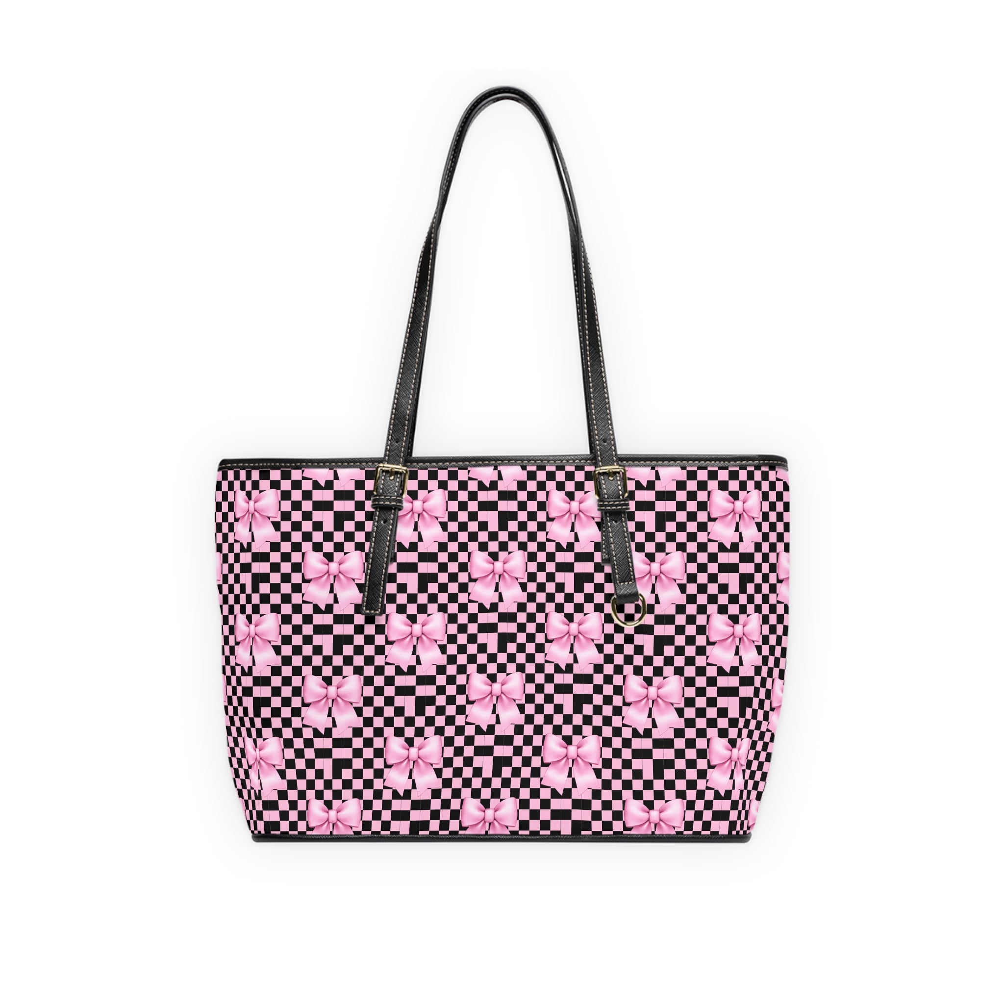 Pink Bow Checker Tote Bag — PU Leather Shoulder Tote