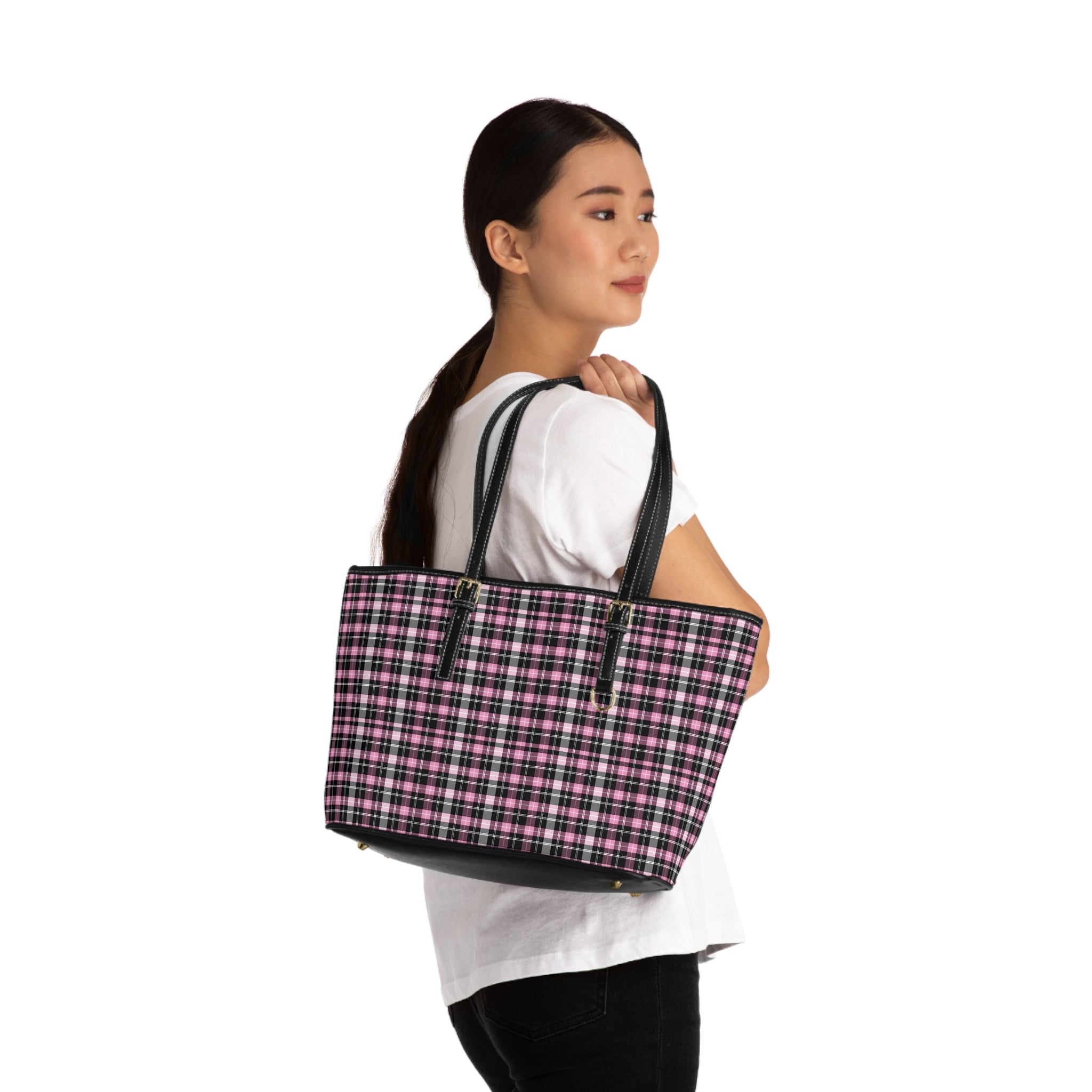Pink Black Plaid Shoulder Bag | PU Leather Tote, Check Pattern