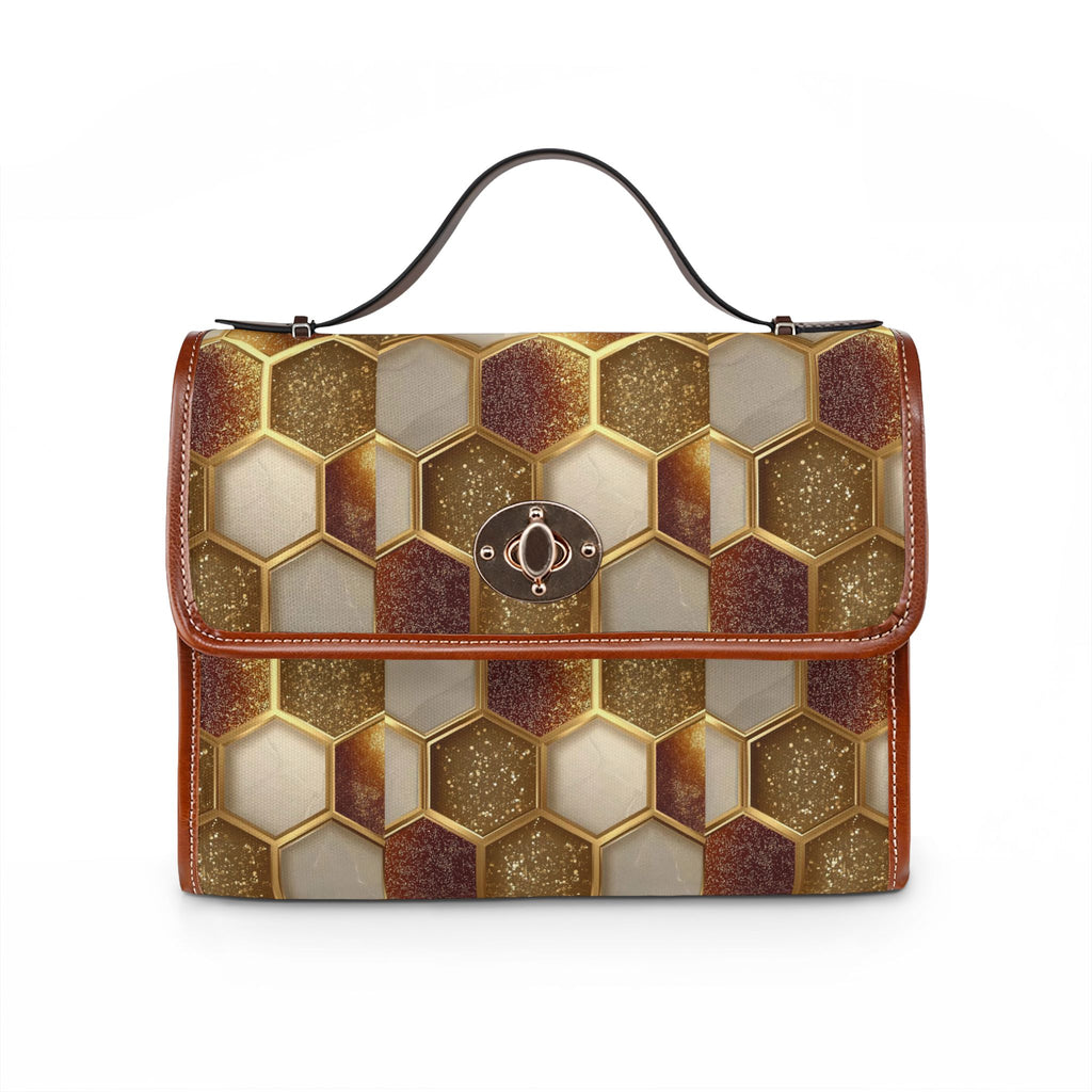 Canvas Satchel — Waterproof Geometric Plaid Pattern (Pink, Brown)