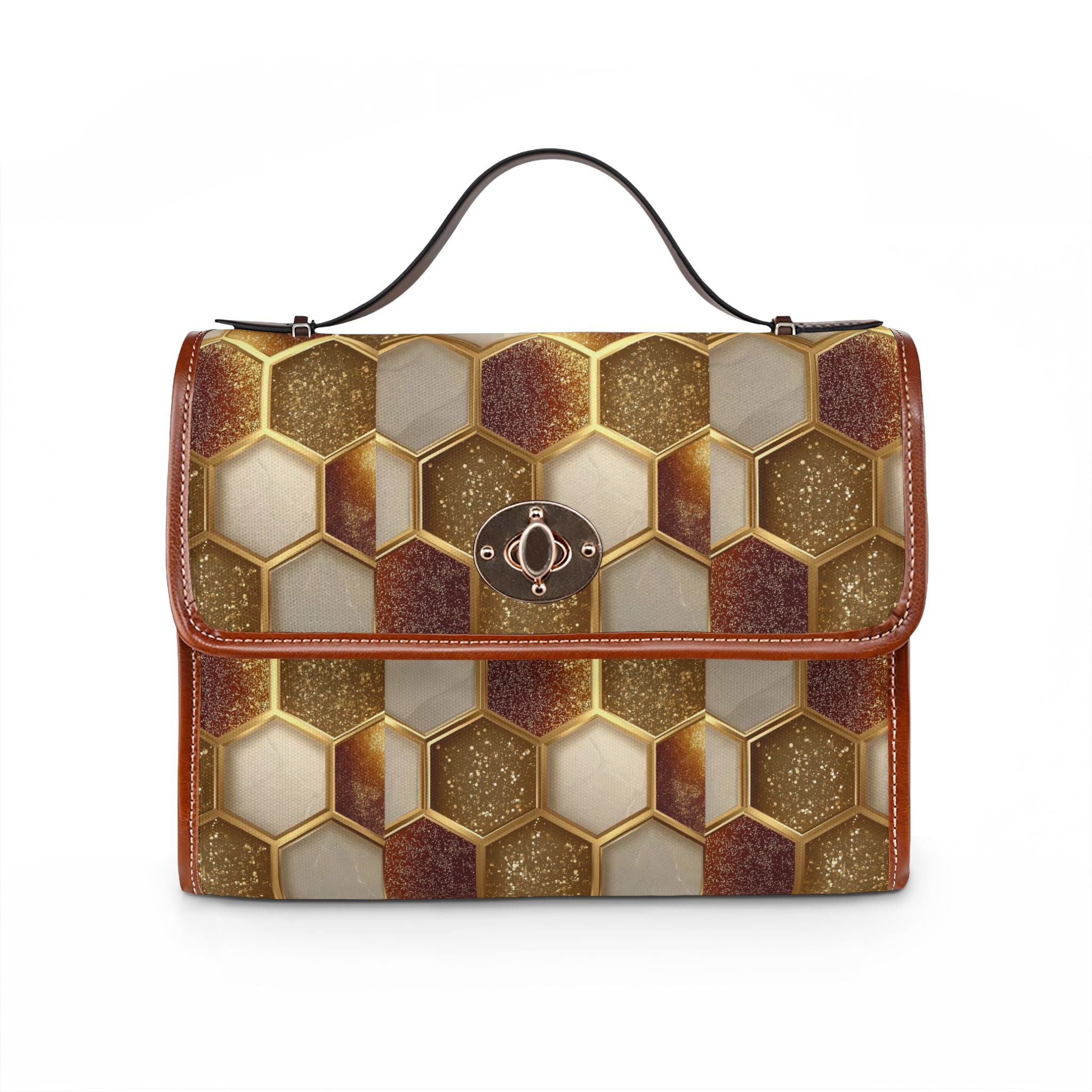 Canvas Satchel — Waterproof Geometric Plaid Pattern (Pink, Brown)