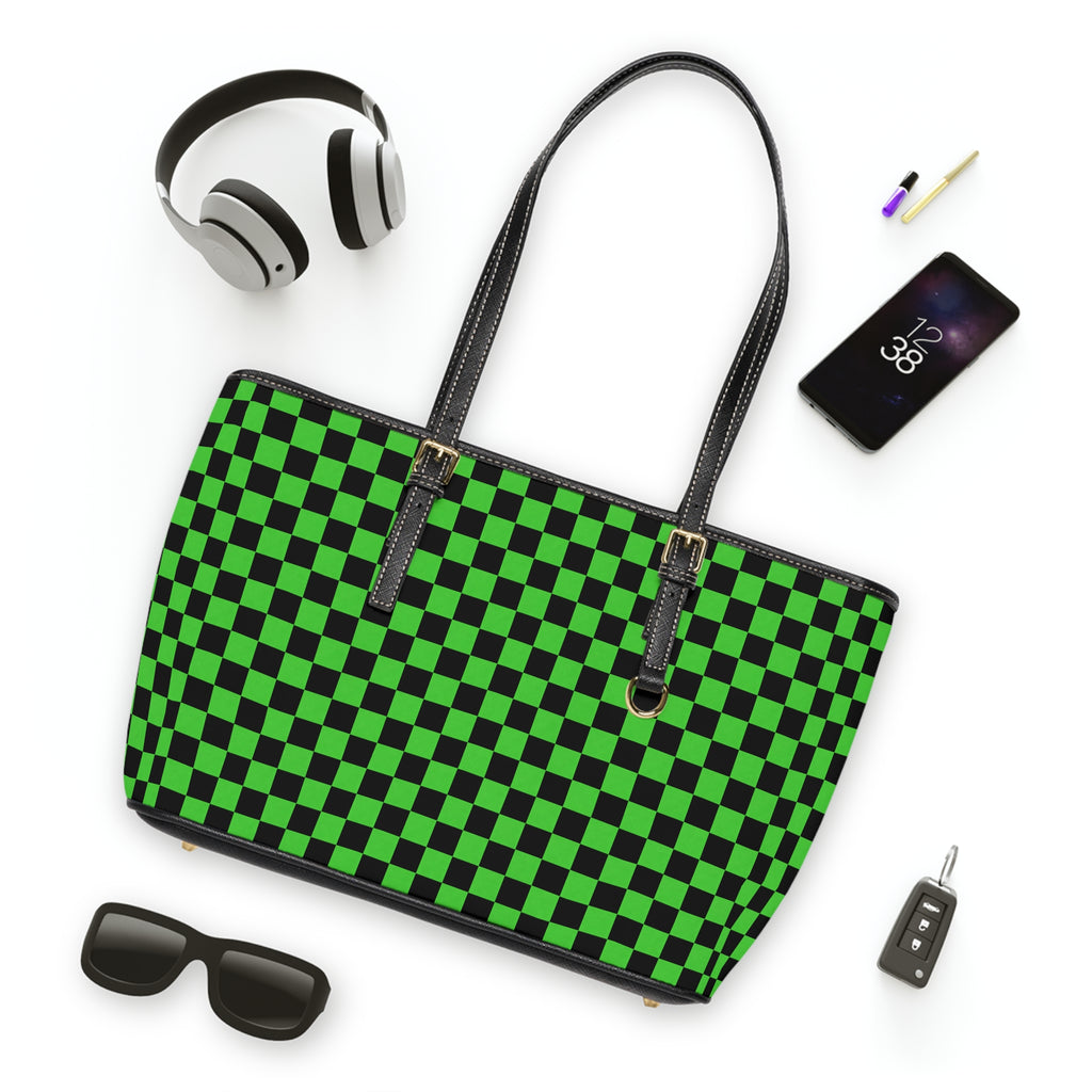 Green Checkerboard PU Leather Shoulder Bag — Retro Skate Tote