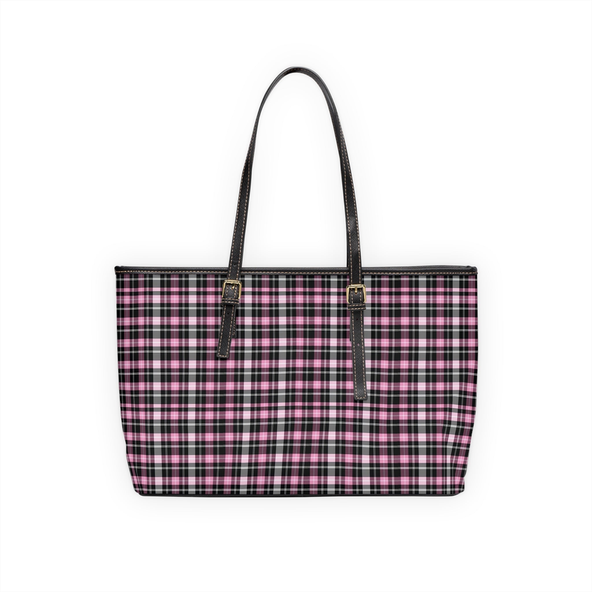 Pink Black Plaid Shoulder Bag | PU Leather Tote, Check Pattern