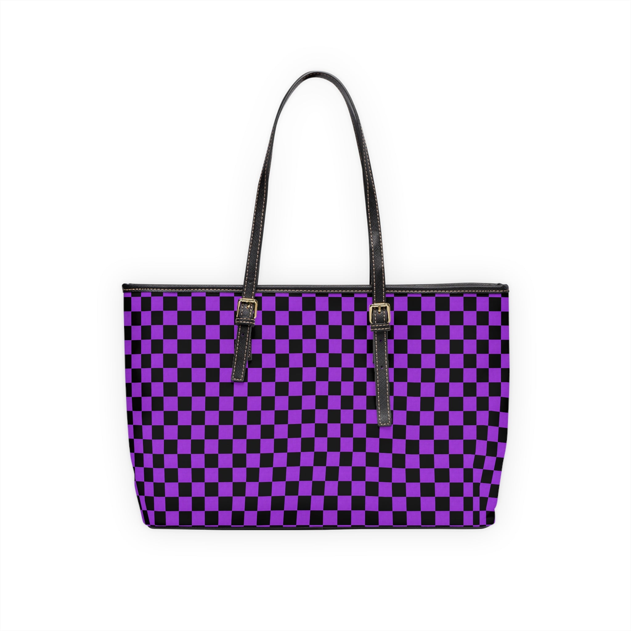 Purple Black Checkerboard Tote Bag — PU Leather Shoulder Bag