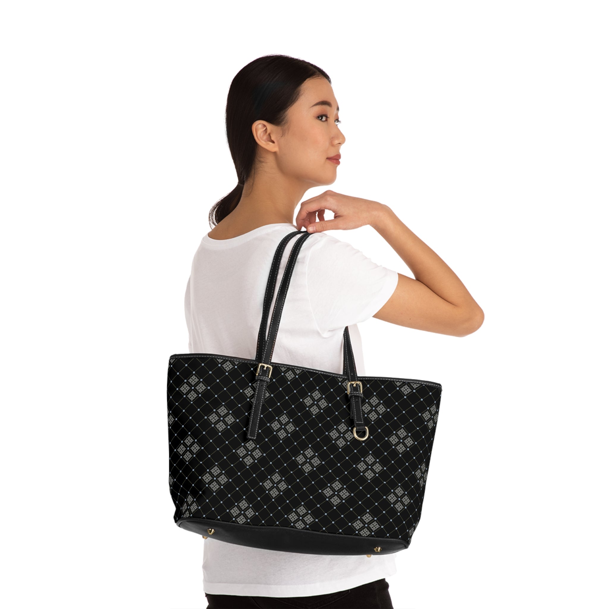 Black Argyle PU Leather Shoulder Bag – Stylish Tote for Work & Everyday