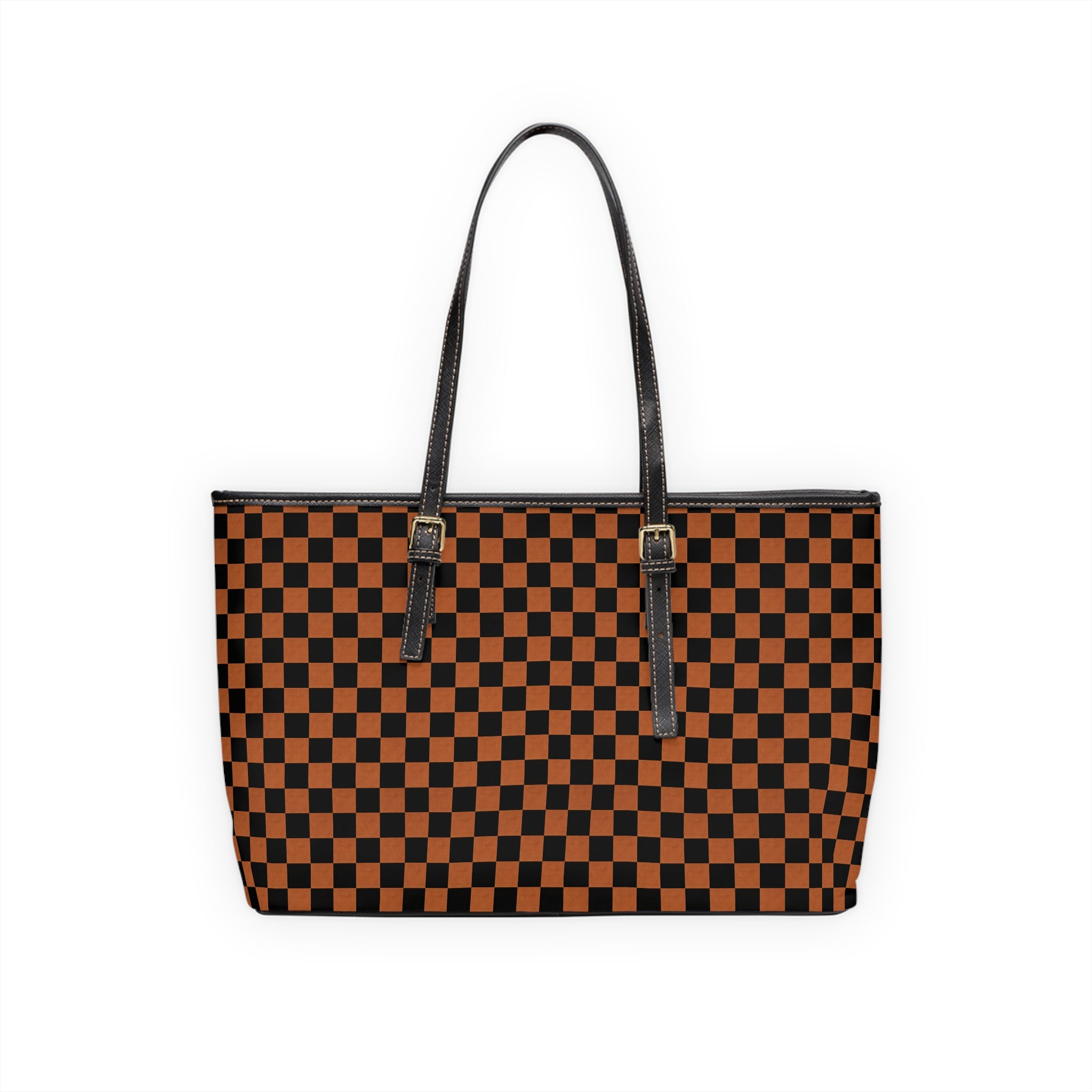 Checkerboard PU Leather Shoulder Bag — Black & Brown Tote