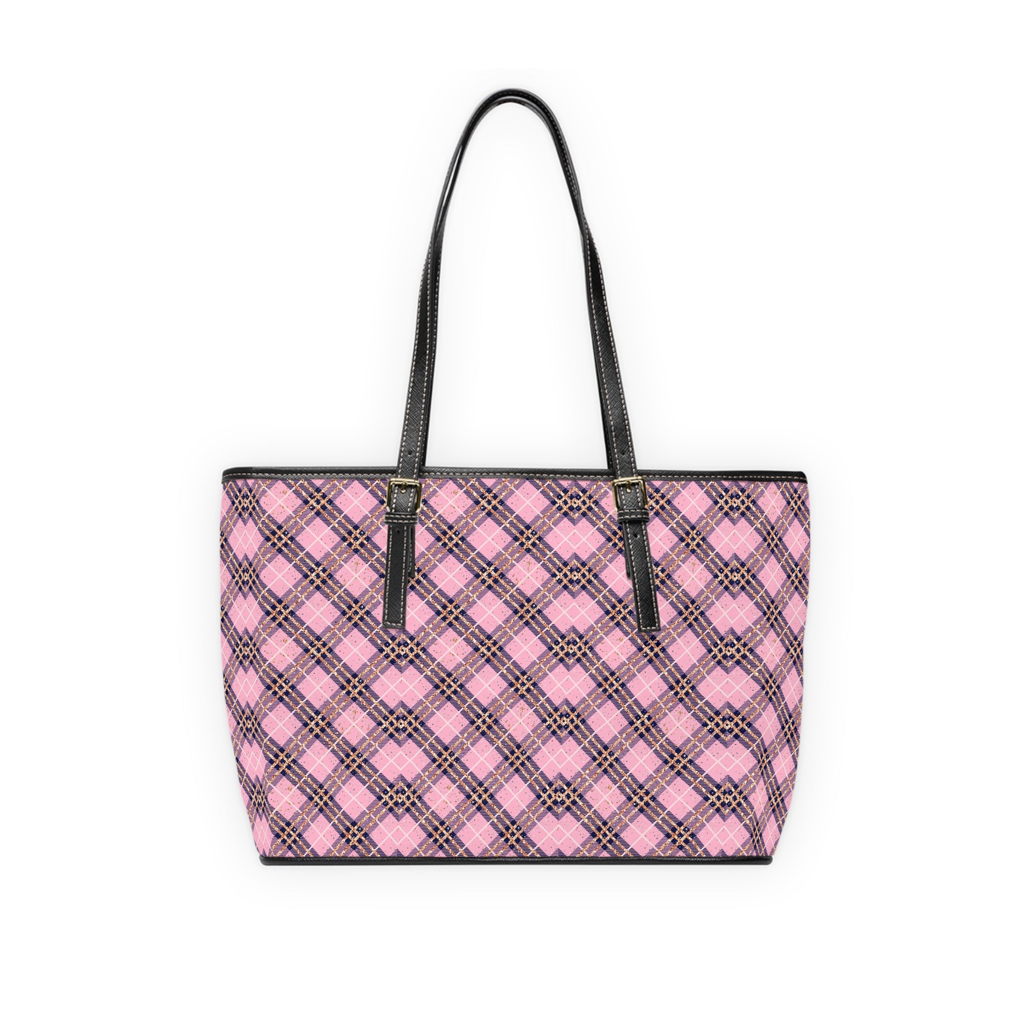 Pink Plaid Pattern Shoulder Bag | PU Leather Tote, Checkered Design
