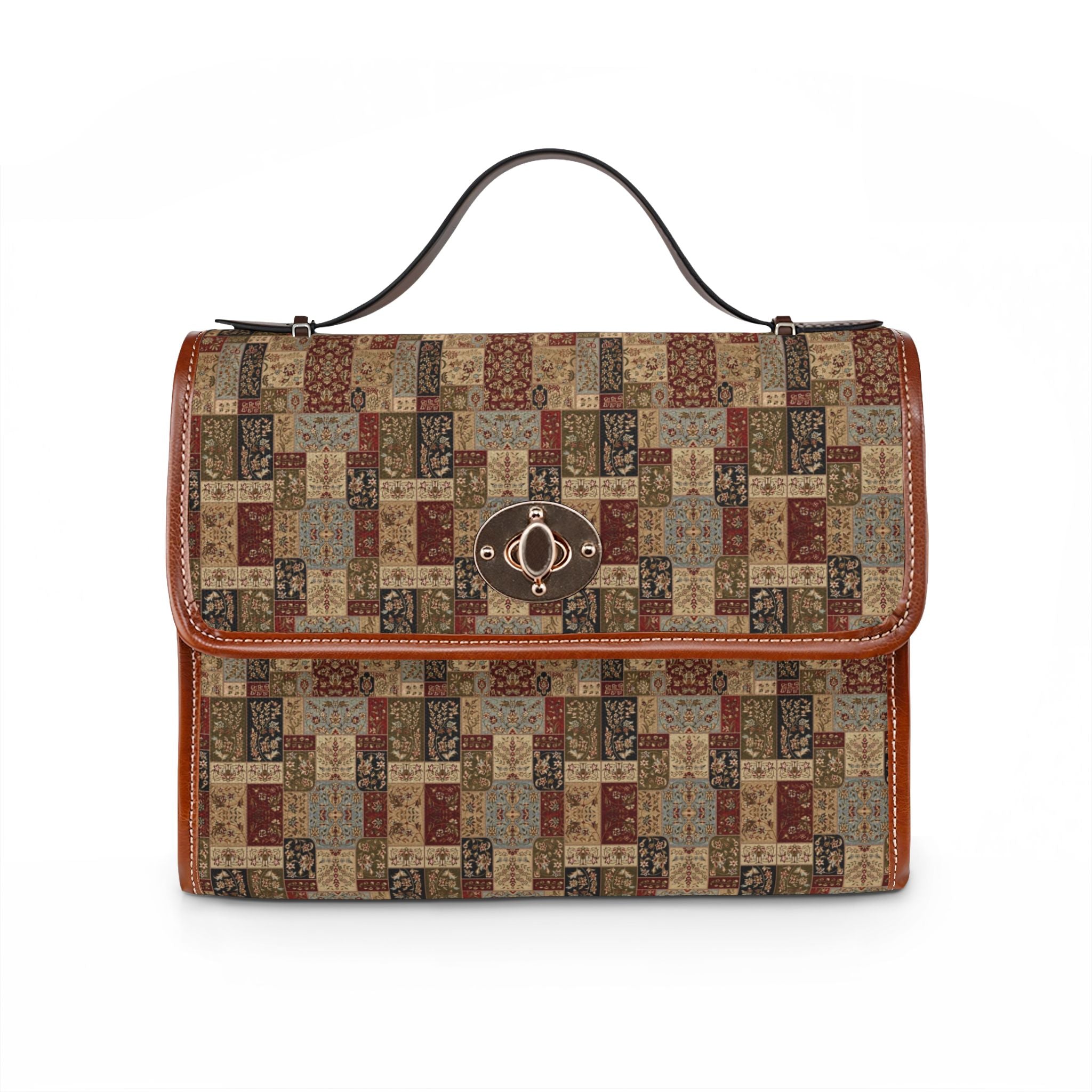 Patchwork Vintage Tile Waterproof Canvas Bag | Brown Leather Trim