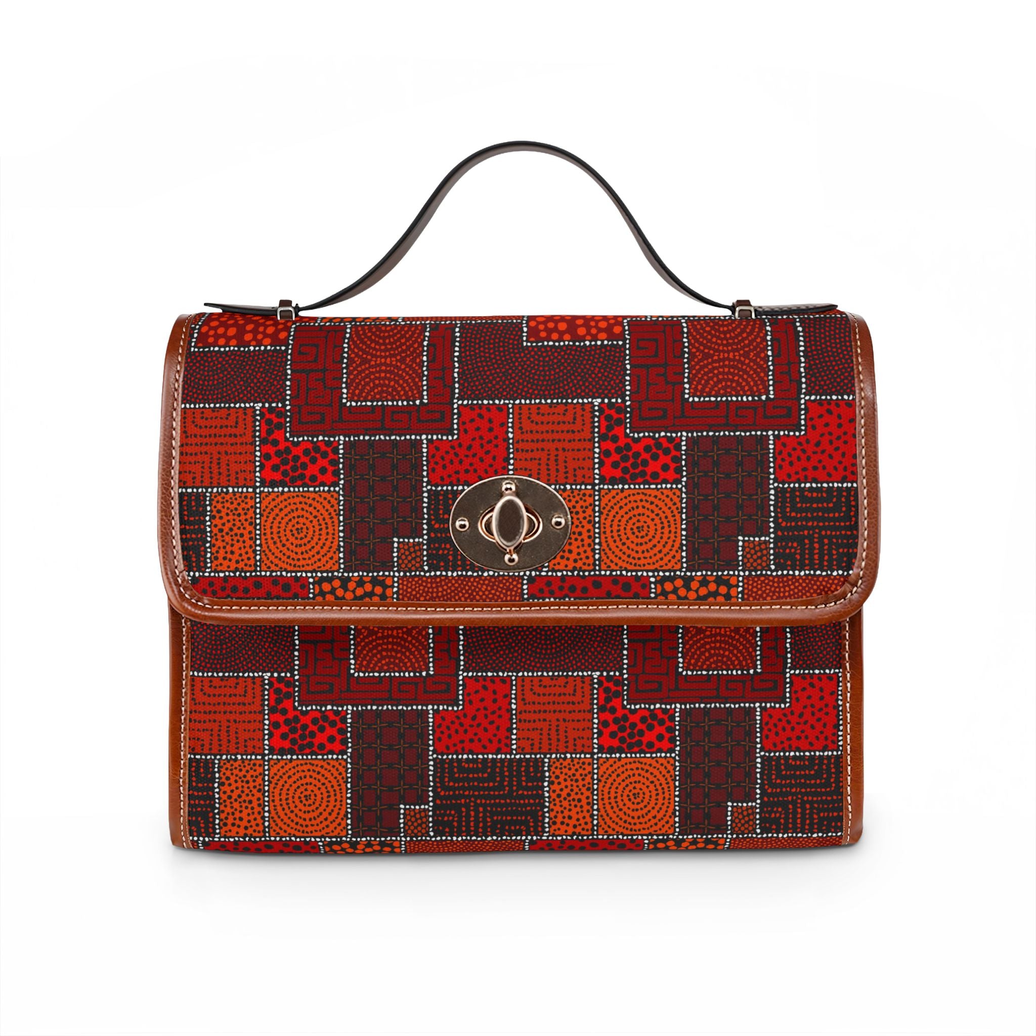 Geometric Patchwork Pattern Waterproof Canvas Bag | Red Orange Squares
