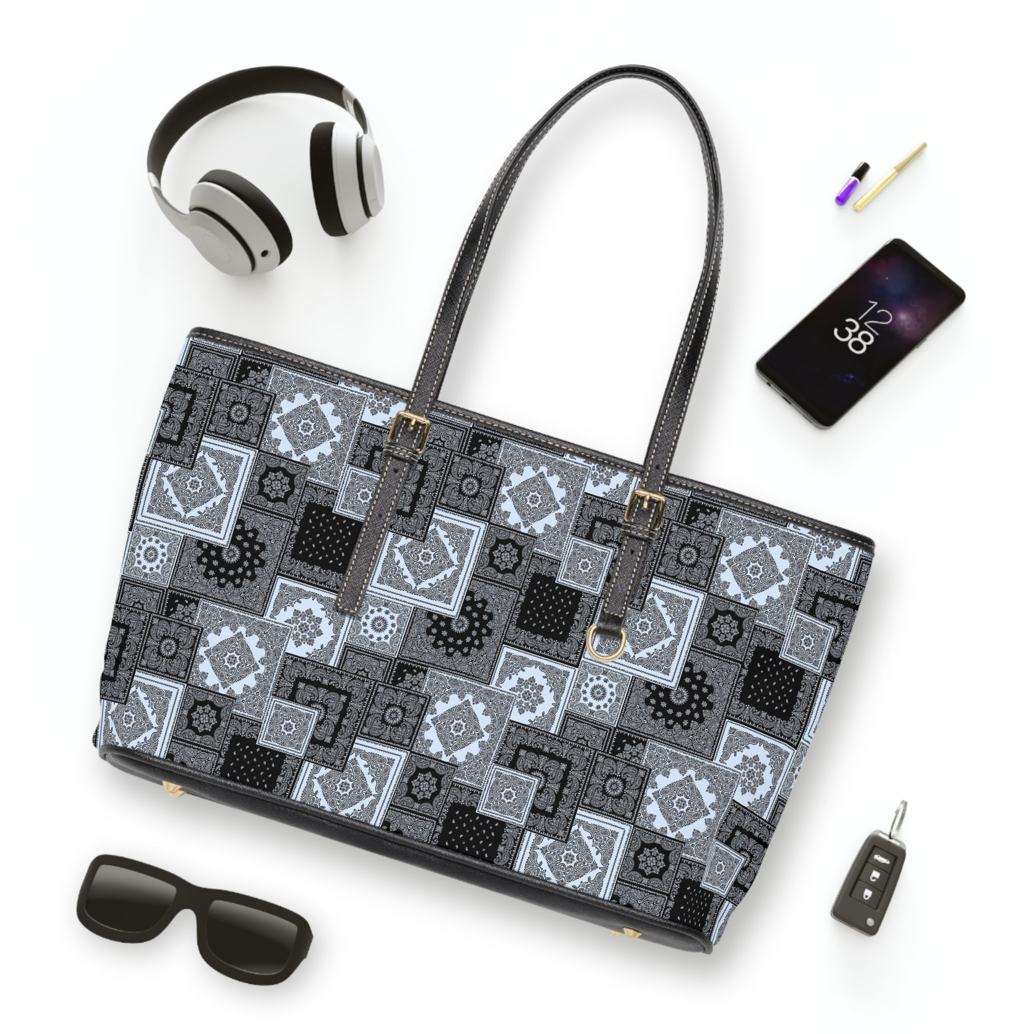 Patchwork Geometric Tote Bag — PU Leather Shoulder Bag