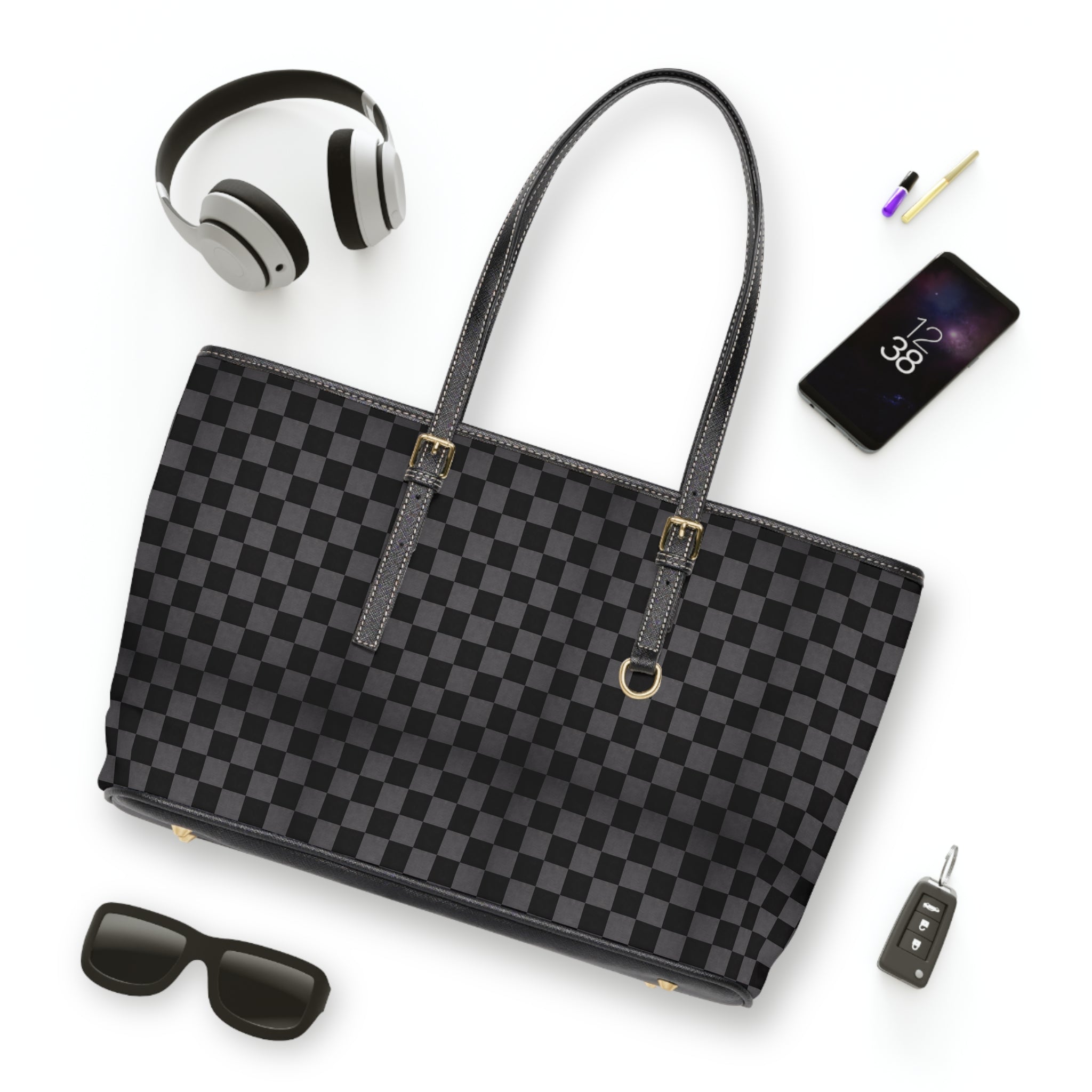 Checkered PU Leather Shoulder Bag — Stylish Black Tote for Everyday Use