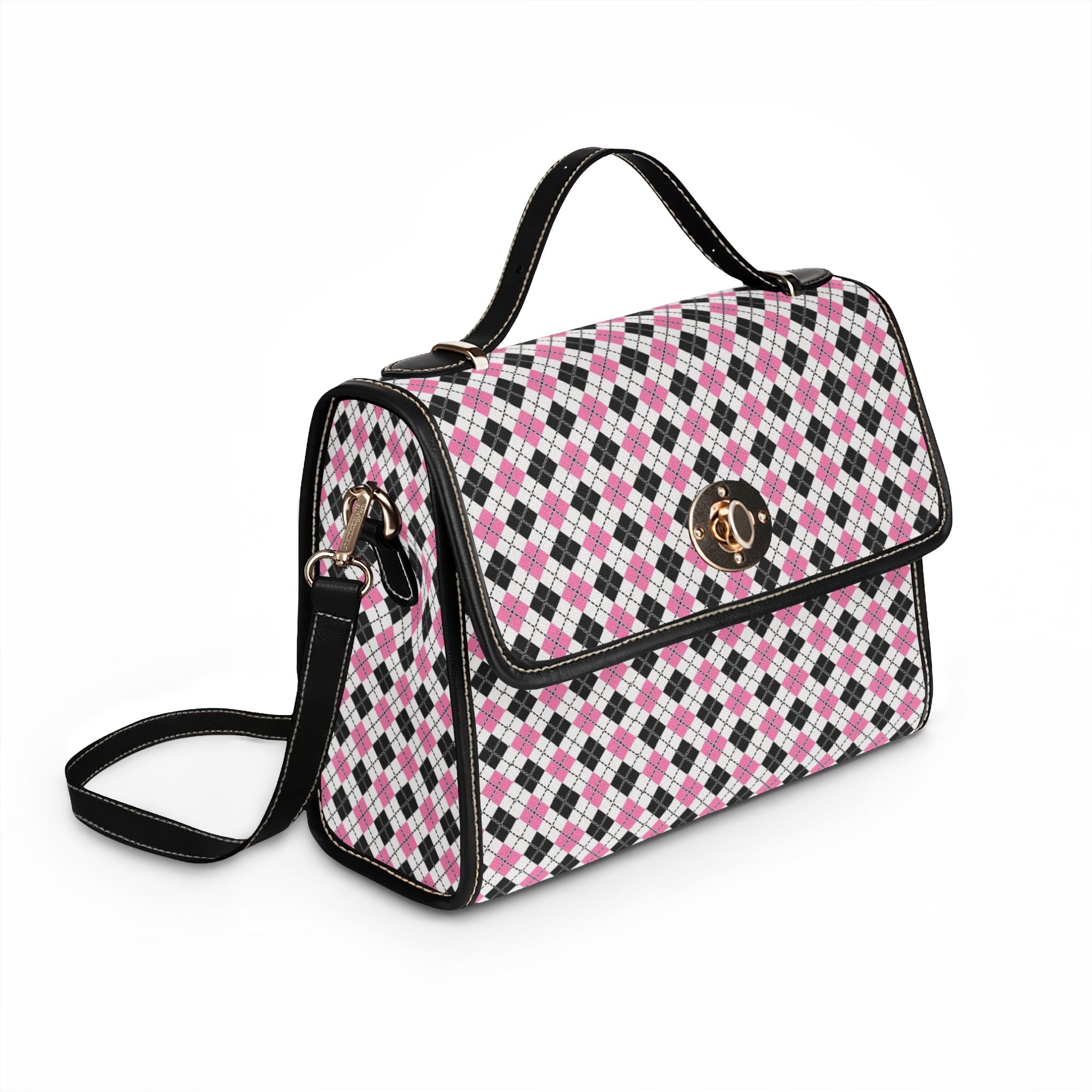 Pink Black Argyle Pattern Waterproof Canvas Bag | Crossbody Satchel