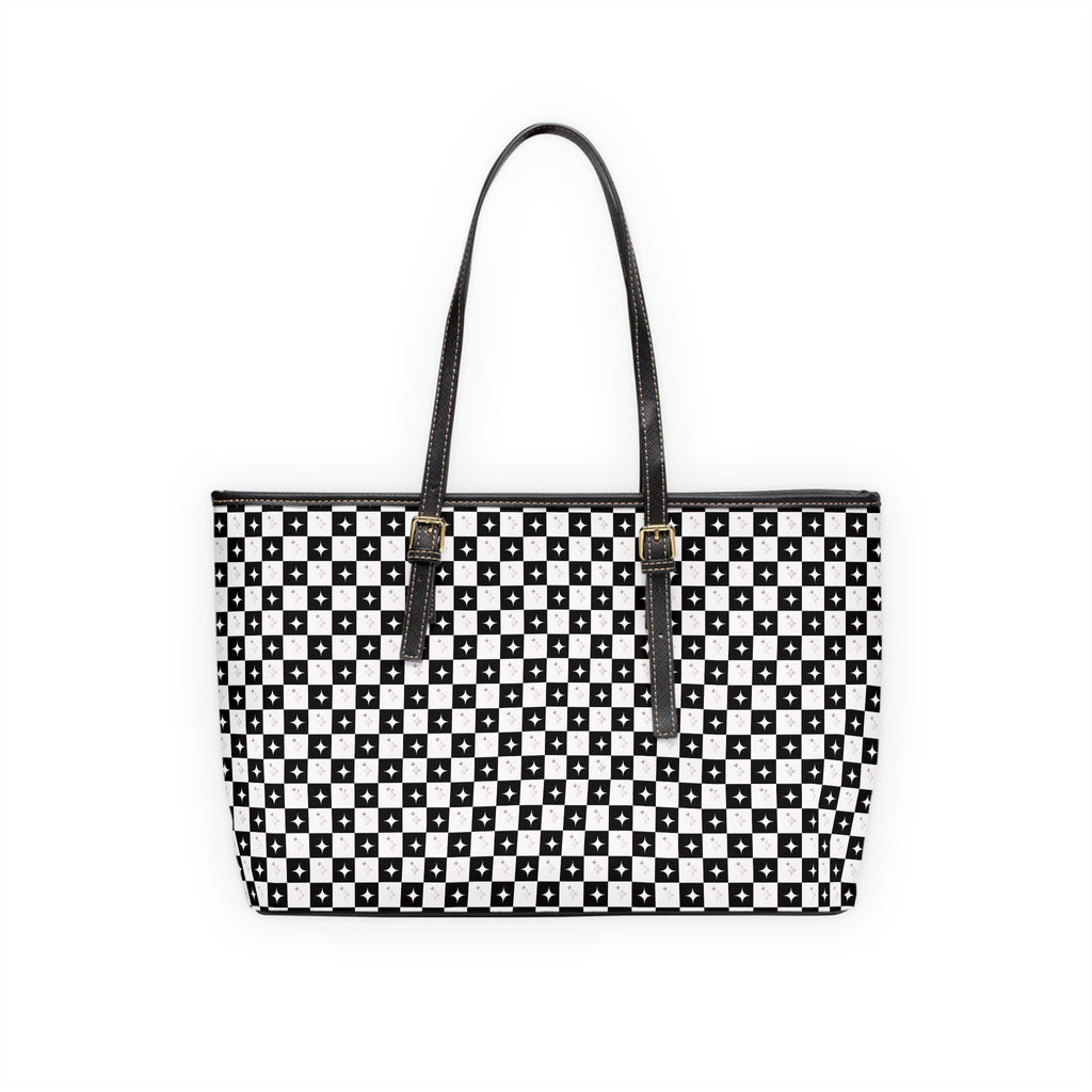Checkerboard PU Leather Shoulder Bag – Black & White Patterned Tote