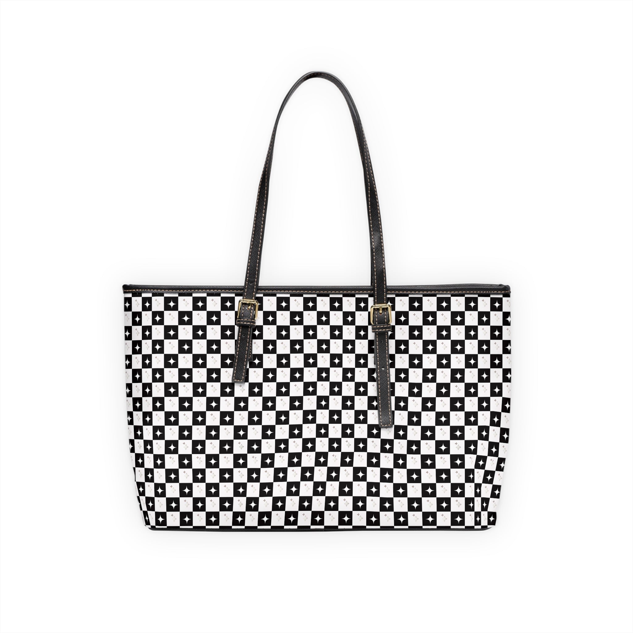 Checkerboard PU Leather Shoulder Bag – Black & White Patterned Tote