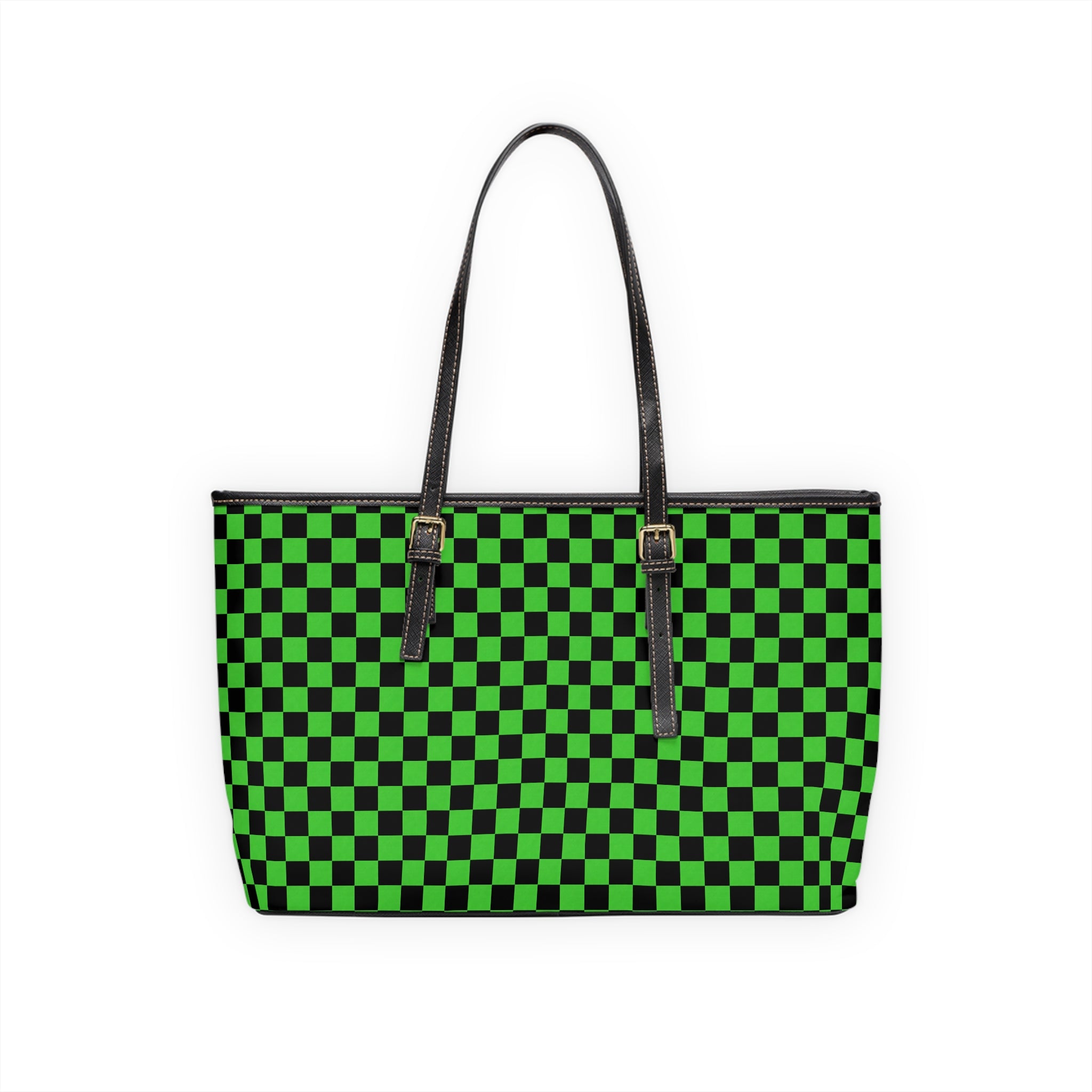 Green Checkerboard PU Leather Shoulder Bag — Retro Skate Tote