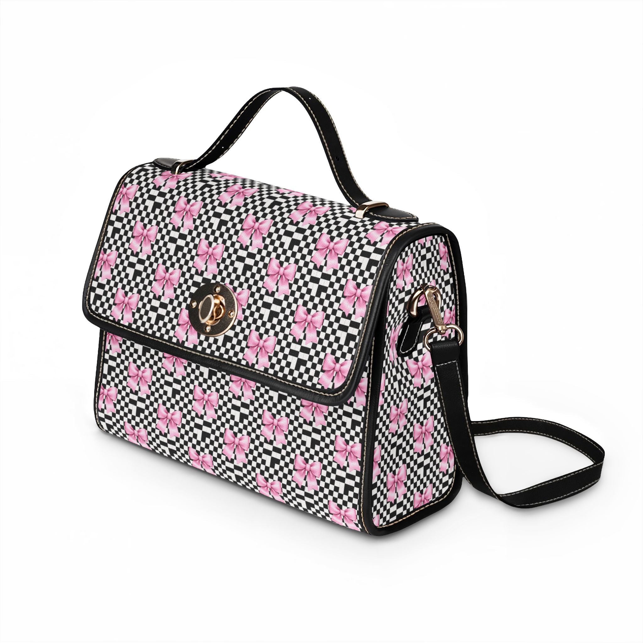 Pink Bow Black and White Checkered Pattern Waterproof Canvas Bag