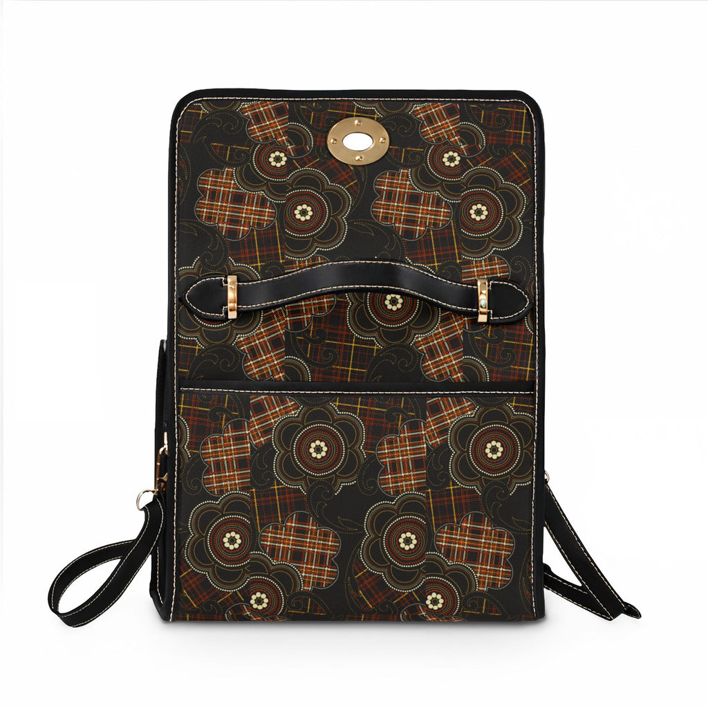 Flower with Plaid Pattern Brown Waterproof Canvas Bag
