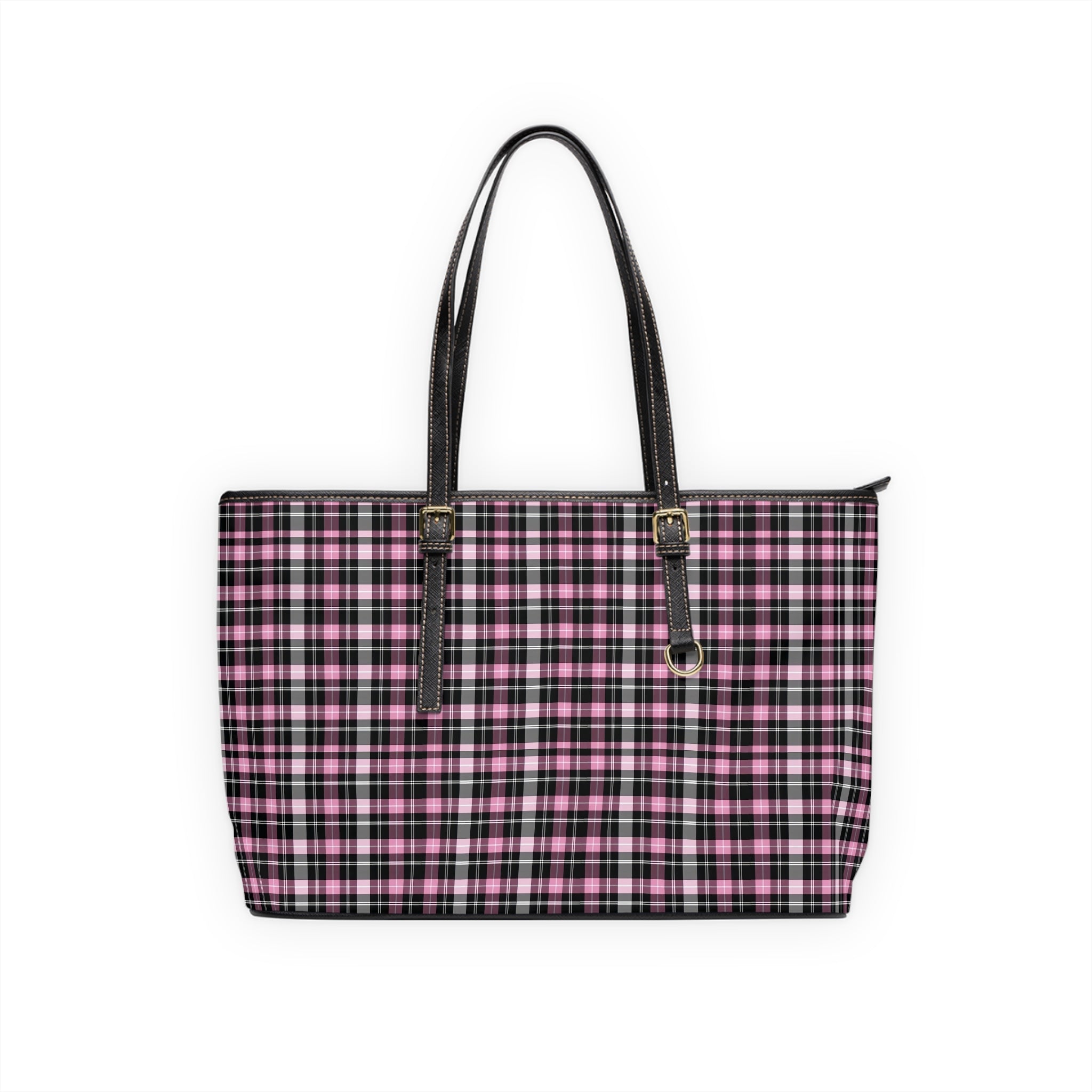 Pink Black Plaid Shoulder Bag | PU Leather Tote, Check Pattern